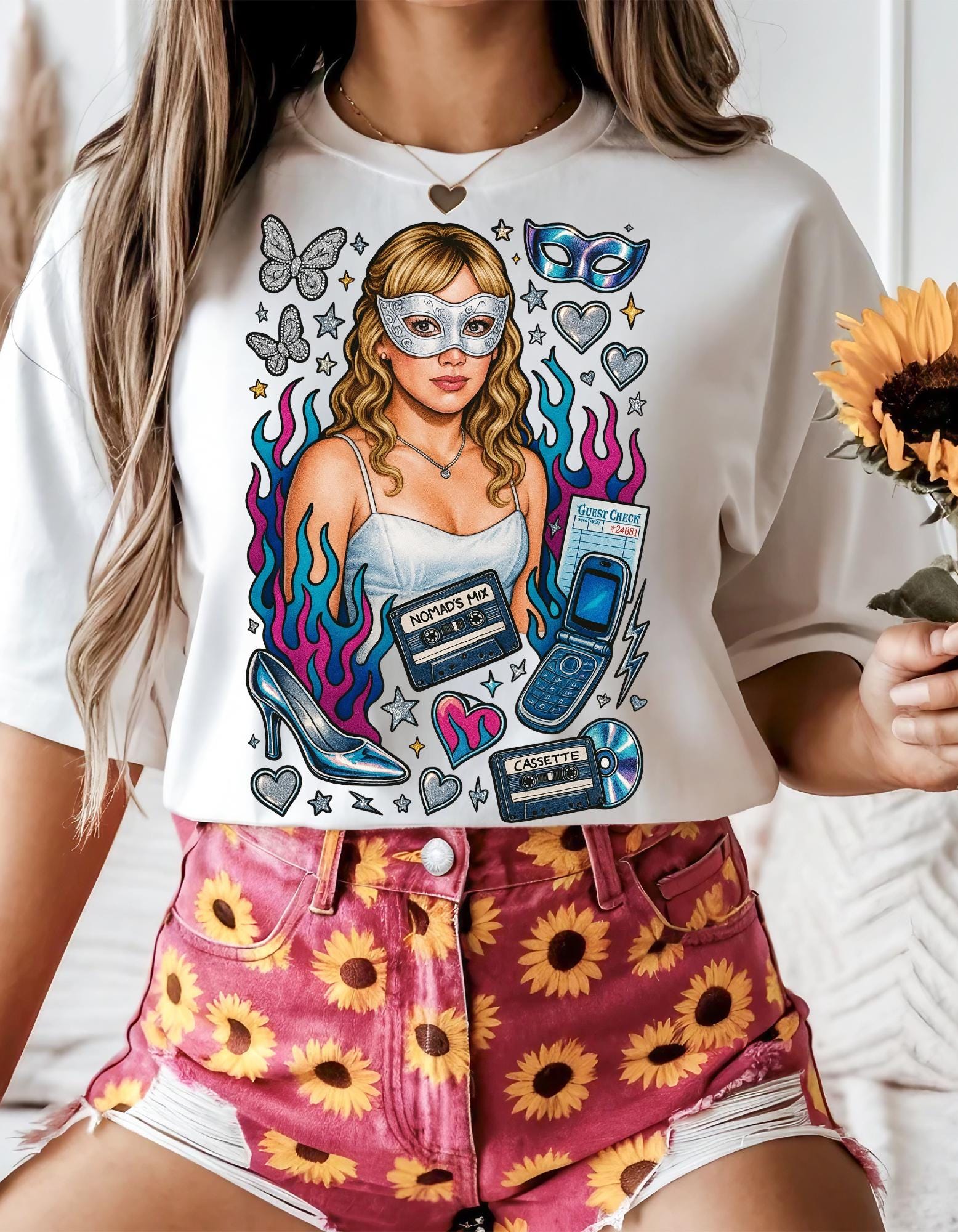 Y2K Masked Girl Graphic Tee | Cassette & Flip Phone