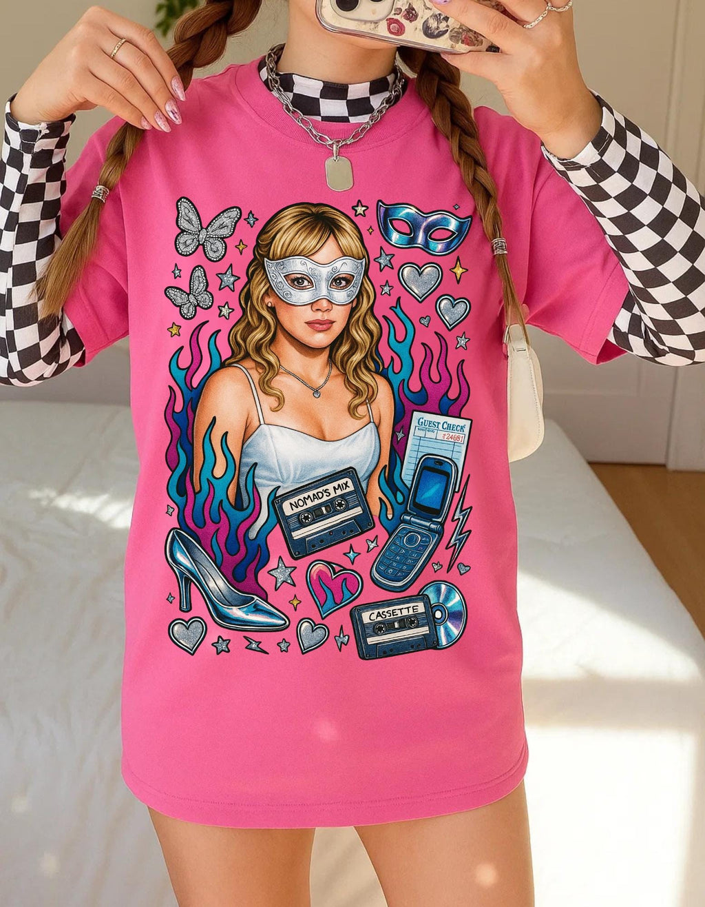 Y2K Masked Girl Graphic Tee | Cassette & Flip Phone