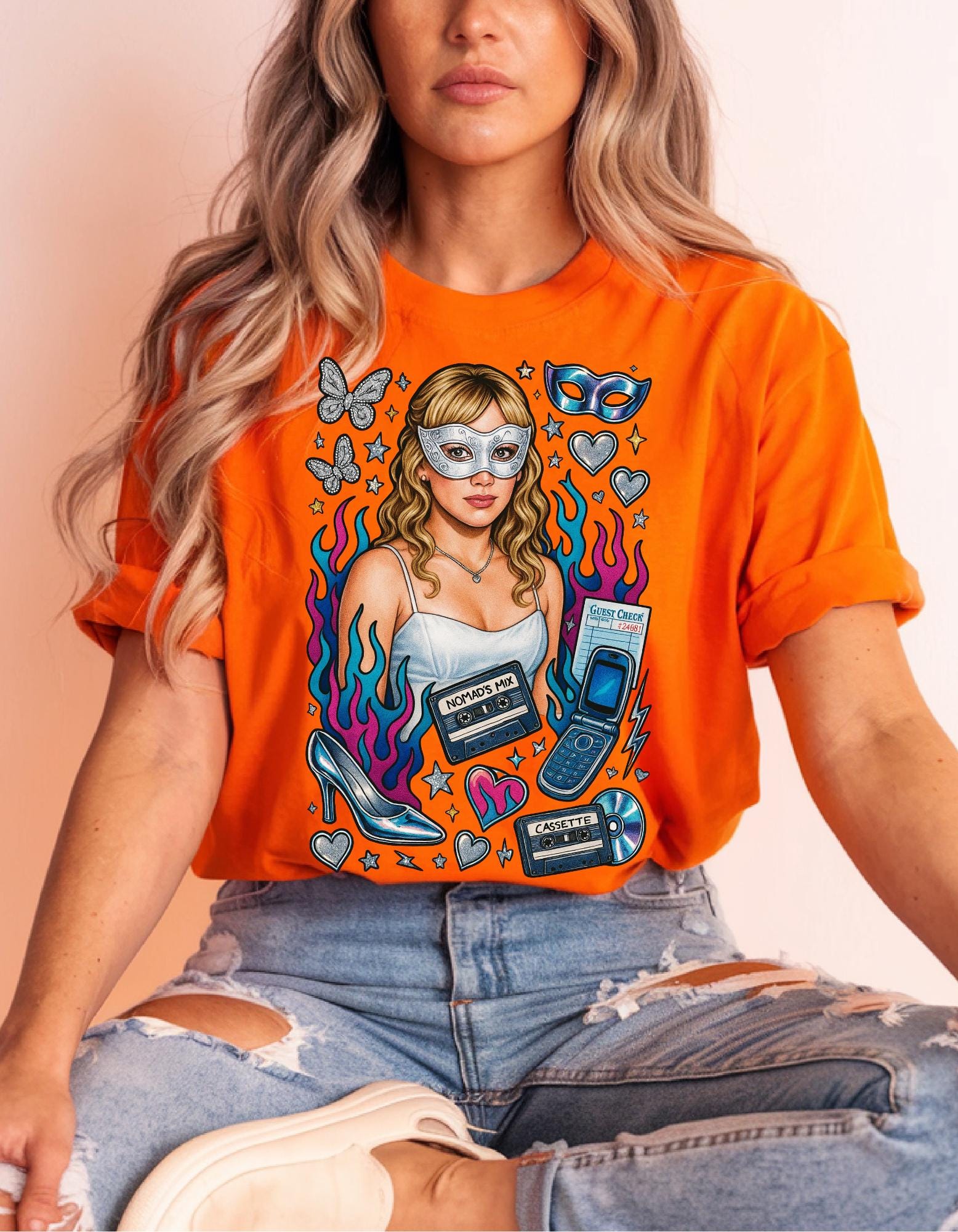 Y2K Masked Girl Graphic Tee | Cassette & Flip Phone