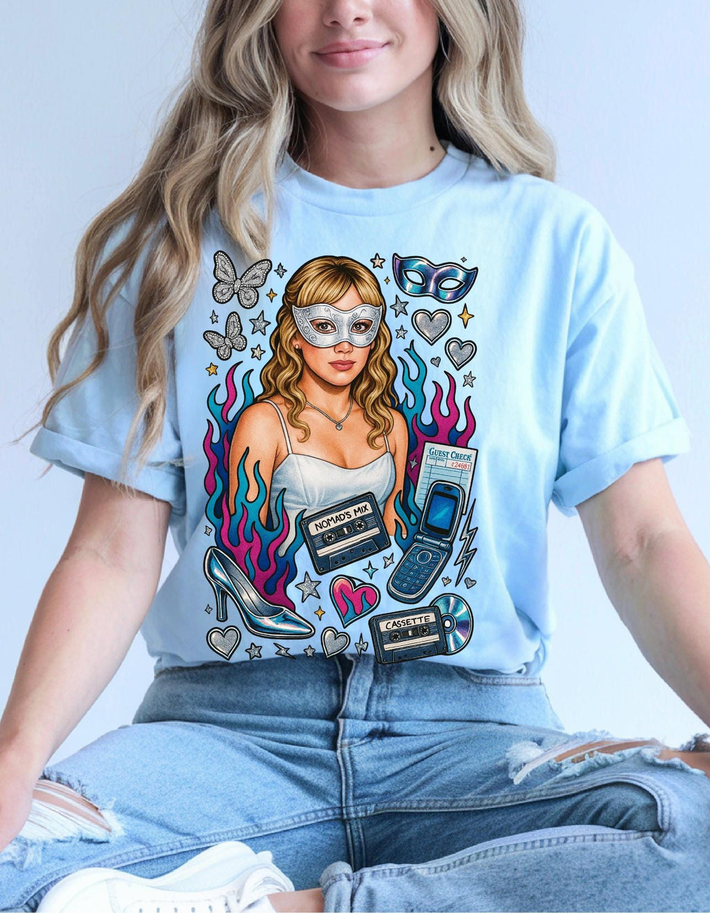 Y2K Masked Girl Graphic Tee | Cassette & Flip Phone