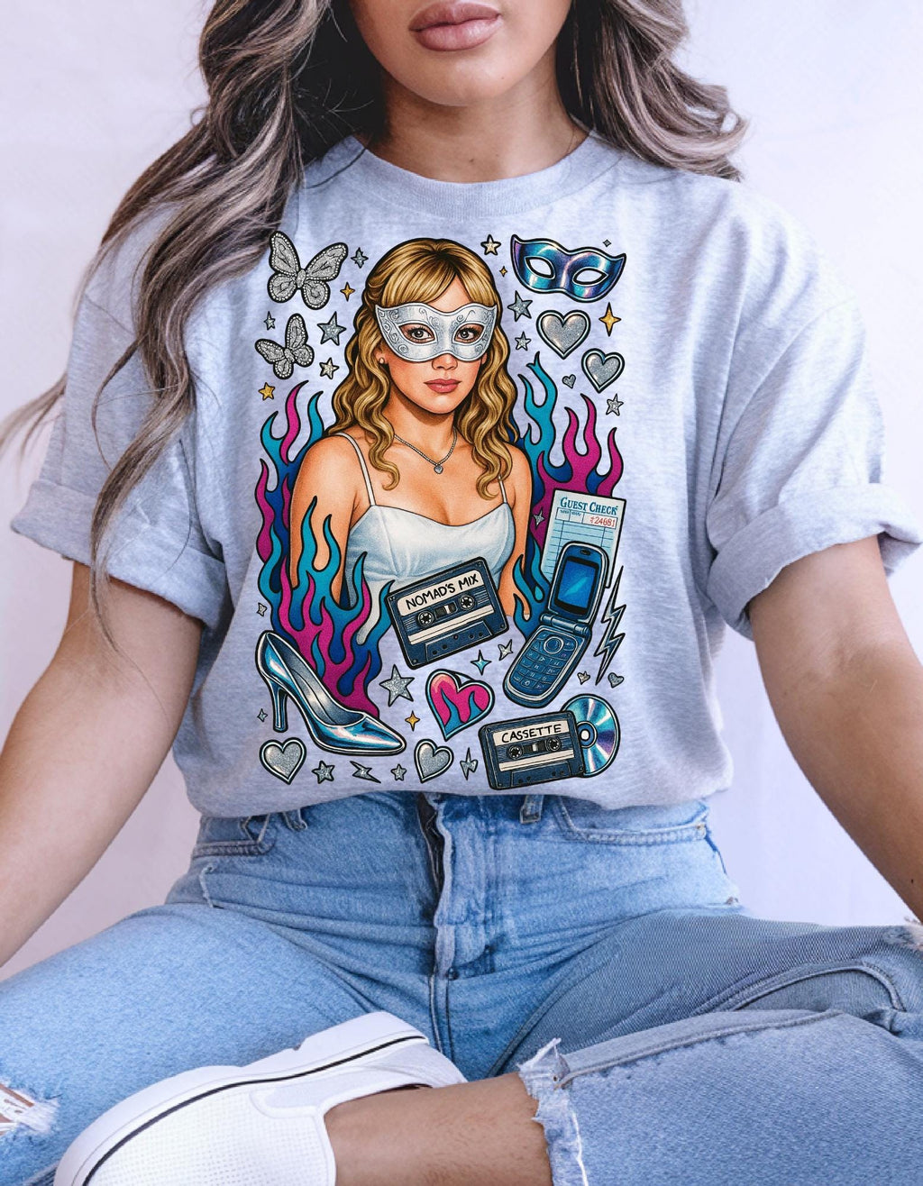 Y2K Masked Girl Graphic Tee | Cassette & Flip Phone