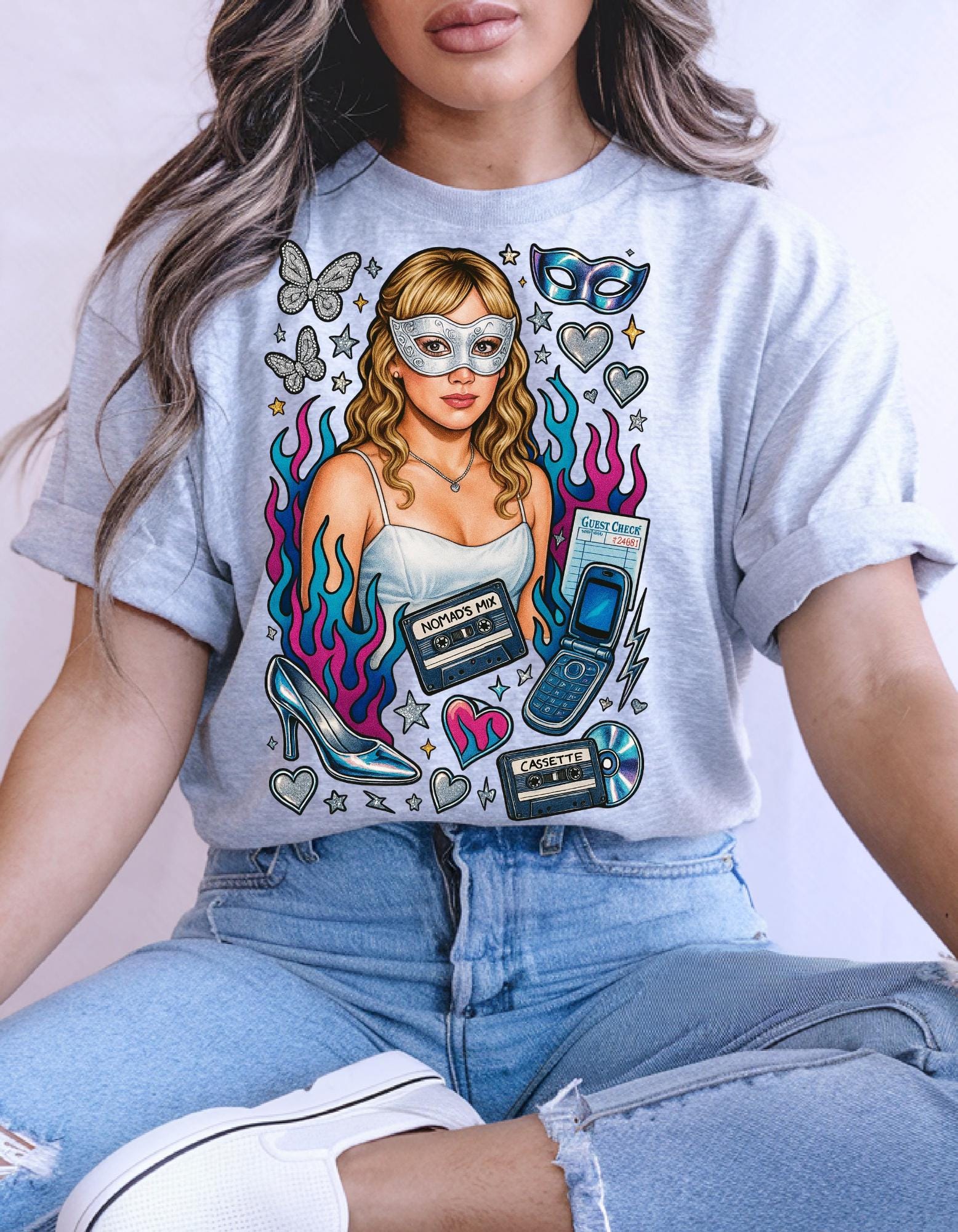 Y2K Masked Girl Graphic Tee | Cassette & Flip Phone