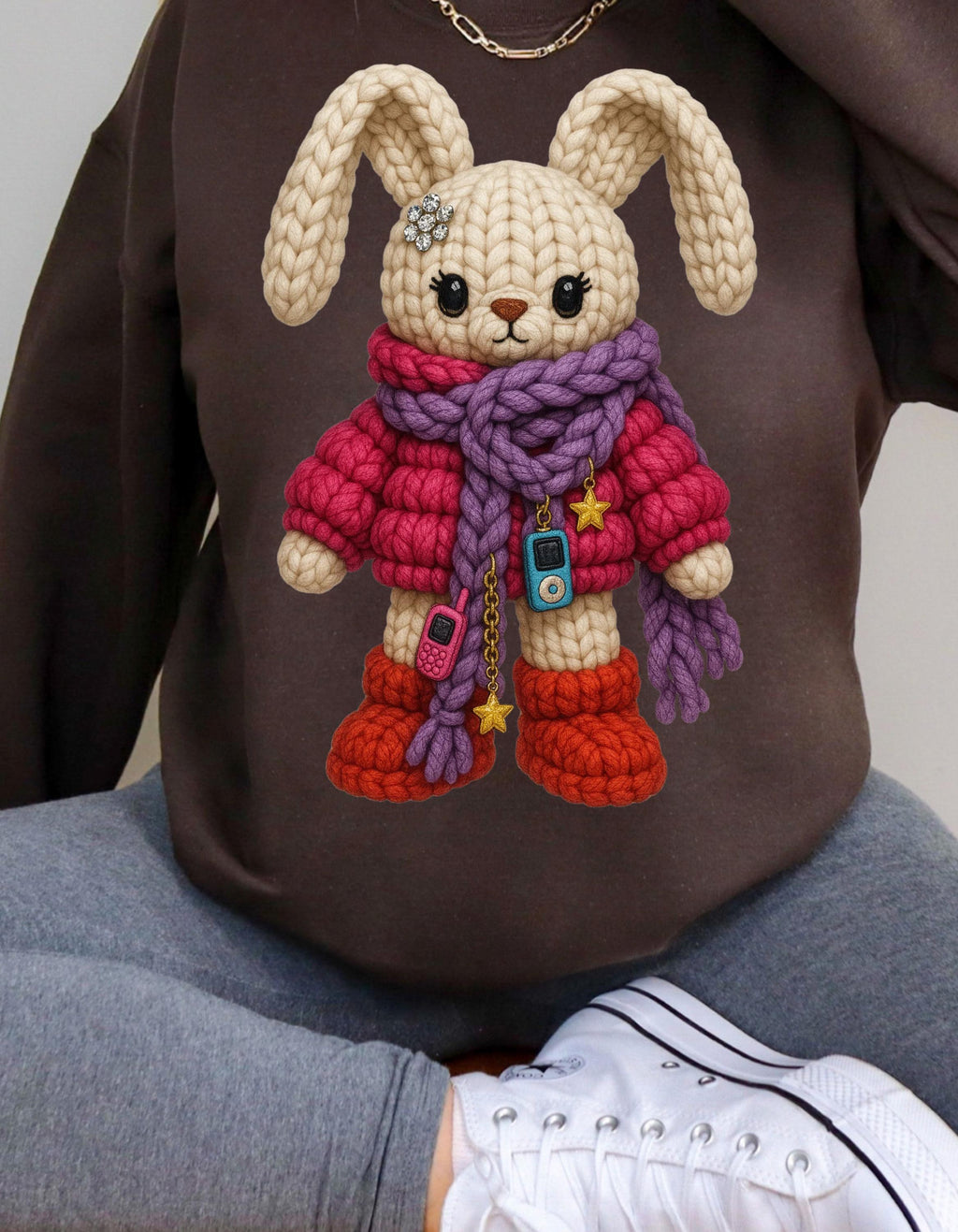 Faux Crochet Bunny Winter Scarf Sweatshirt | Cozy Knit Plush Rabbit Crewneck Sweater Gift