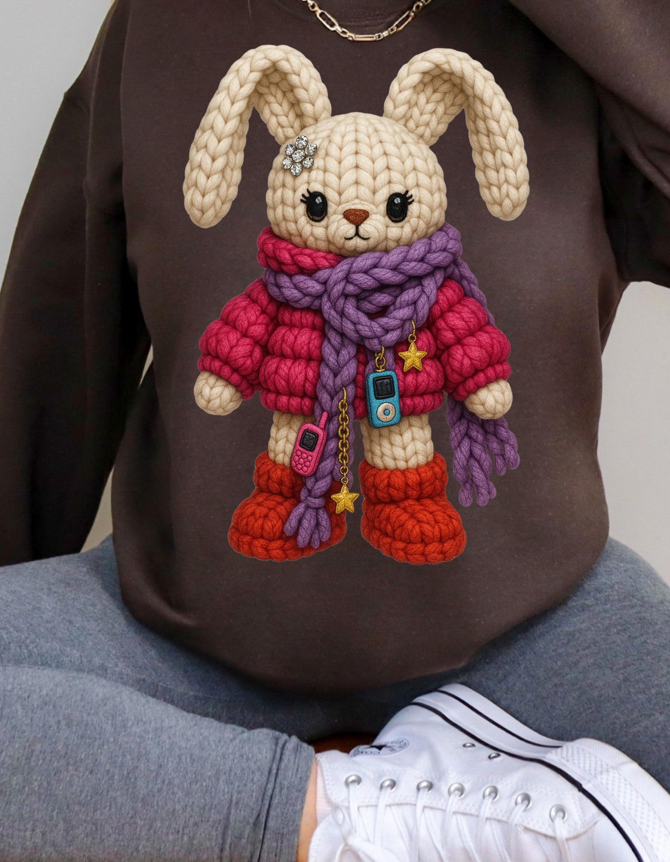 Faux Crochet Bunny Winter Scarf Sweatshirt | Cozy Knit Plush Rabbit Crewneck Sweater Gift