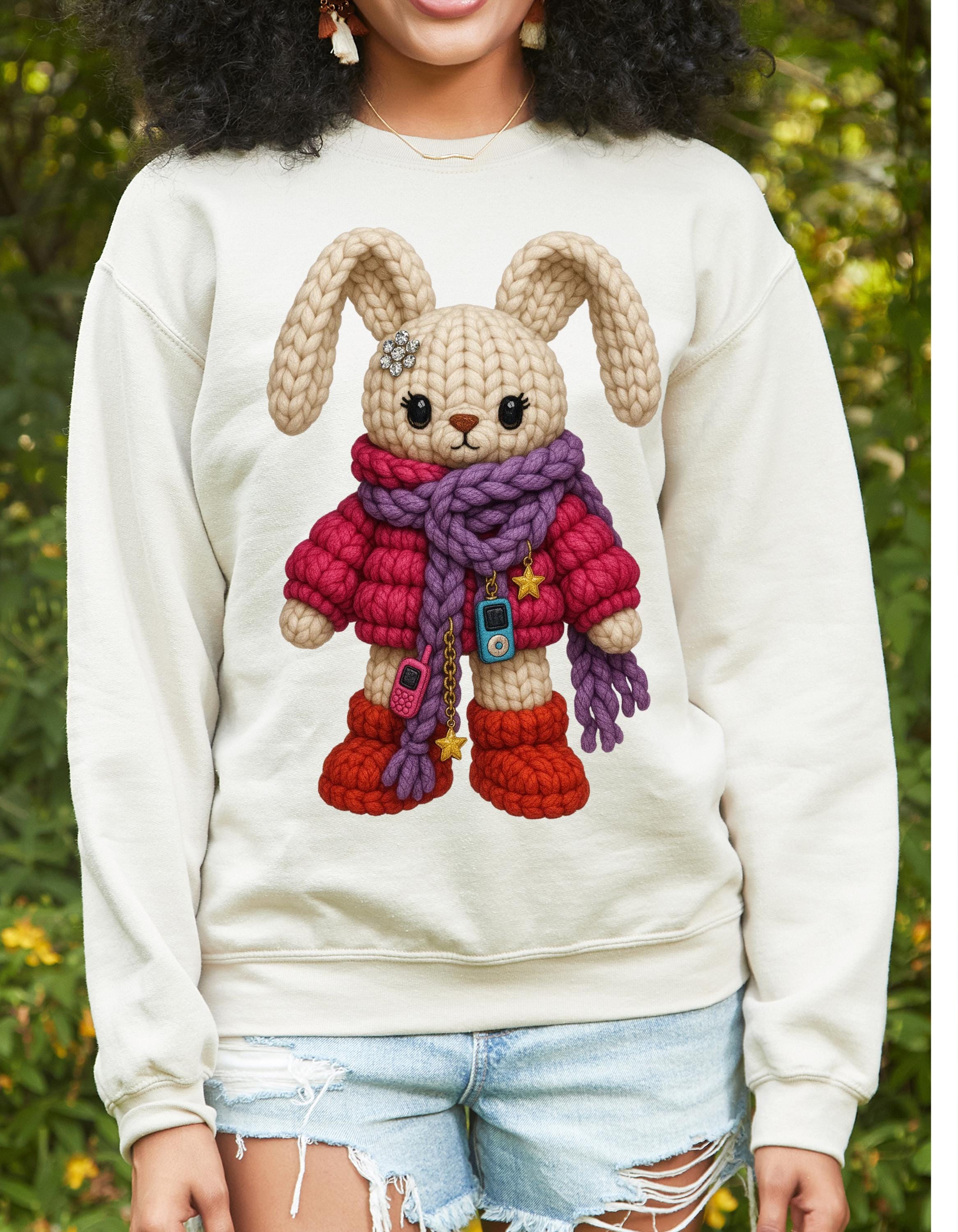 Faux Crochet Bunny Winter Scarf Sweatshirt | Cozy Knit Plush Rabbit Crewneck Sweater Gift