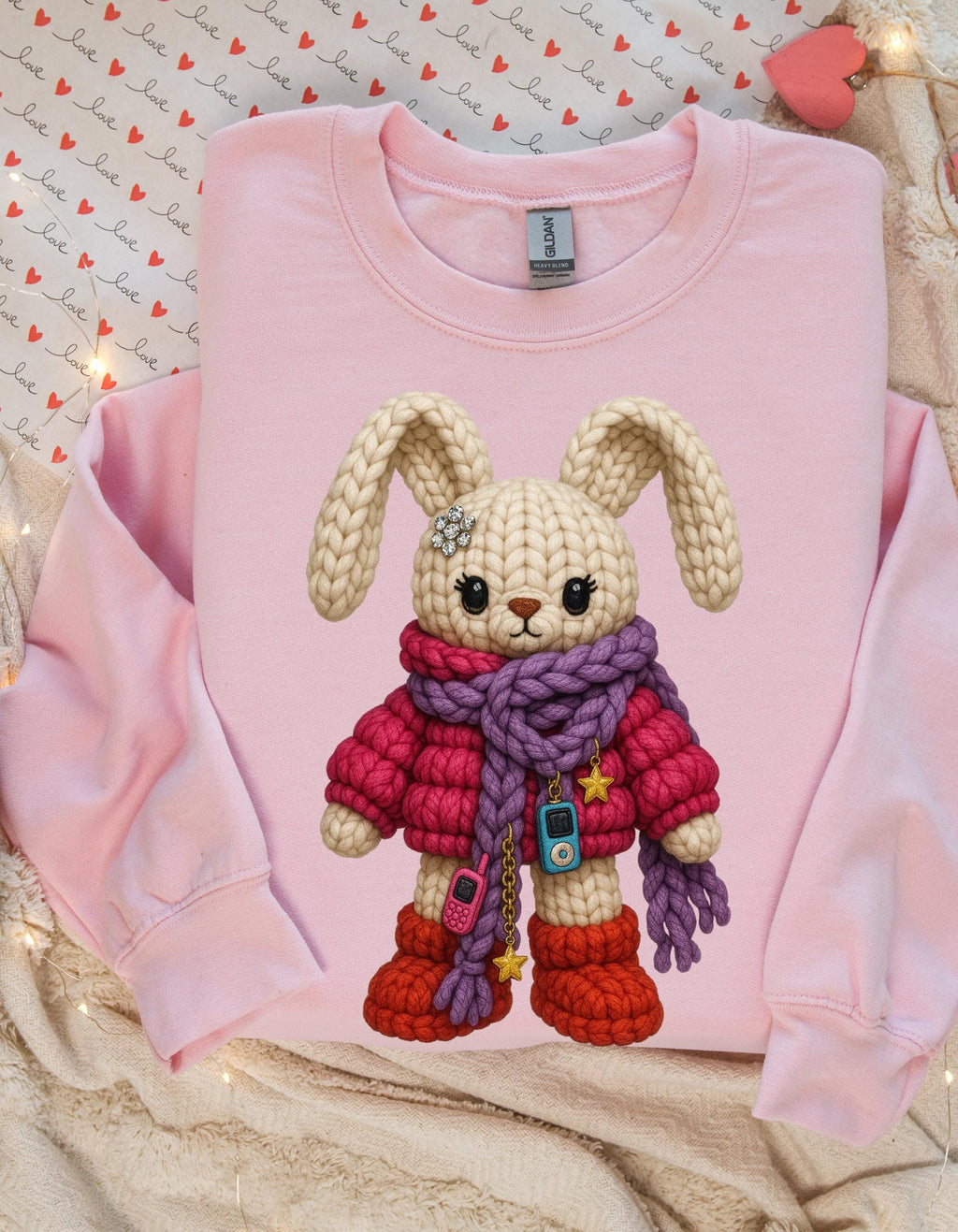 Faux Crochet Bunny Winter Scarf Sweatshirt | Cozy Knit Plush Rabbit Crewneck Sweater Gift