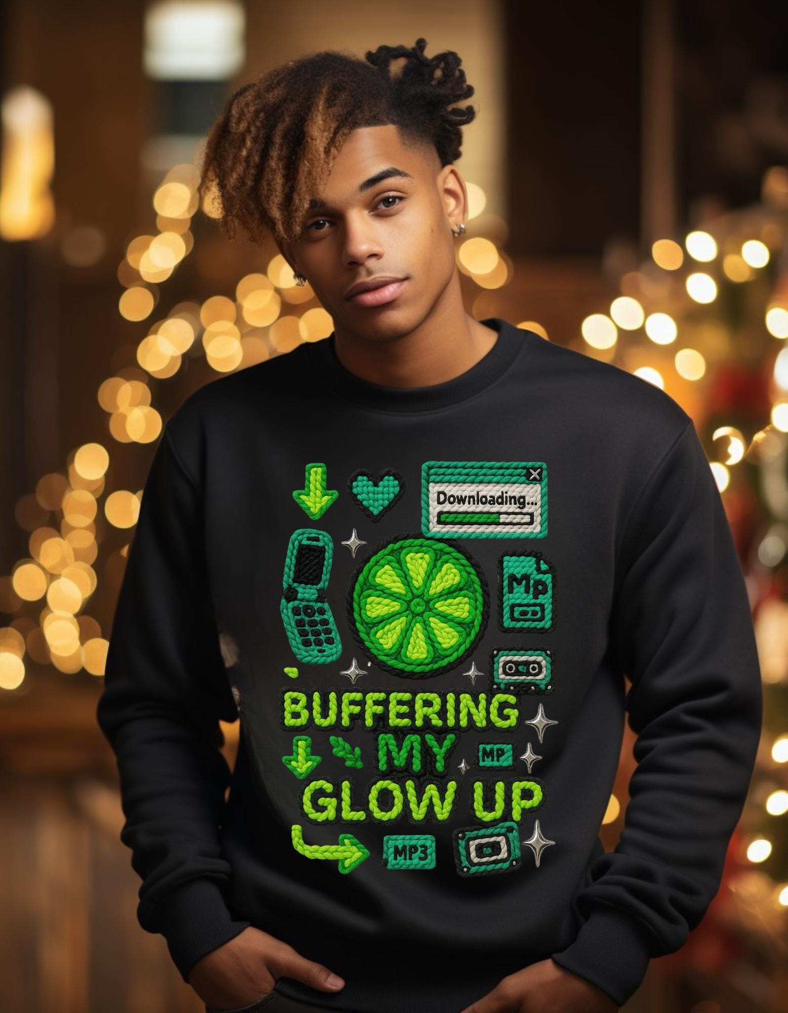 Buffering My Glow Up Sweatshirt | Lime Slice Retro Tech Graphic Crewneck Unisex Streetwear,