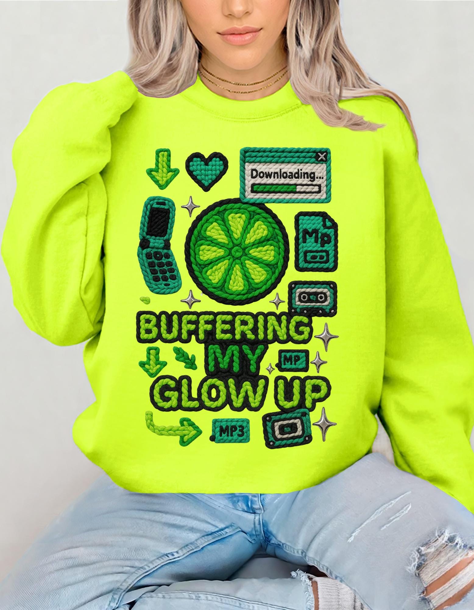Buffering My Glow Up Sweatshirt | Lime Slice Retro Tech Graphic Crewneck Unisex Streetwear,