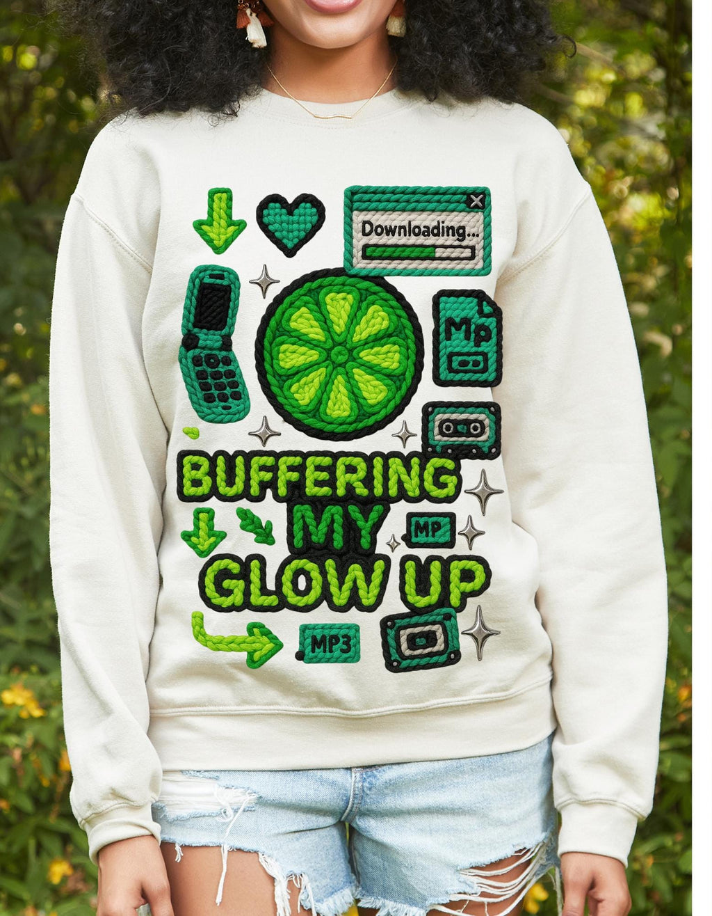 Buffering My Glow Up Sweatshirt | Lime Slice Retro Tech Graphic Crewneck Unisex Streetwear,