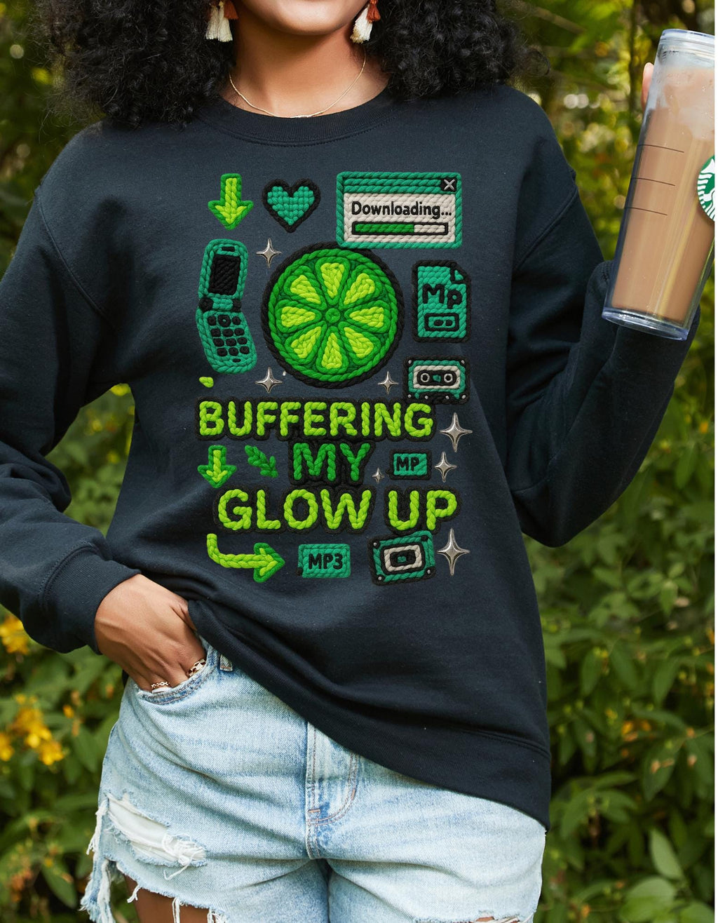 Buffering My Glow Up Sweatshirt | Lime Slice Retro Tech Graphic Crewneck Unisex Streetwear,