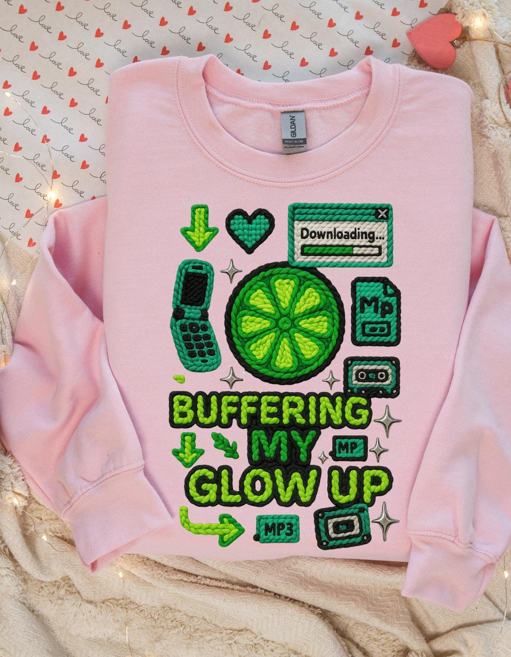 Buffering My Glow Up Sweatshirt | Lime Slice Retro Tech Graphic Crewneck Unisex Streetwear,