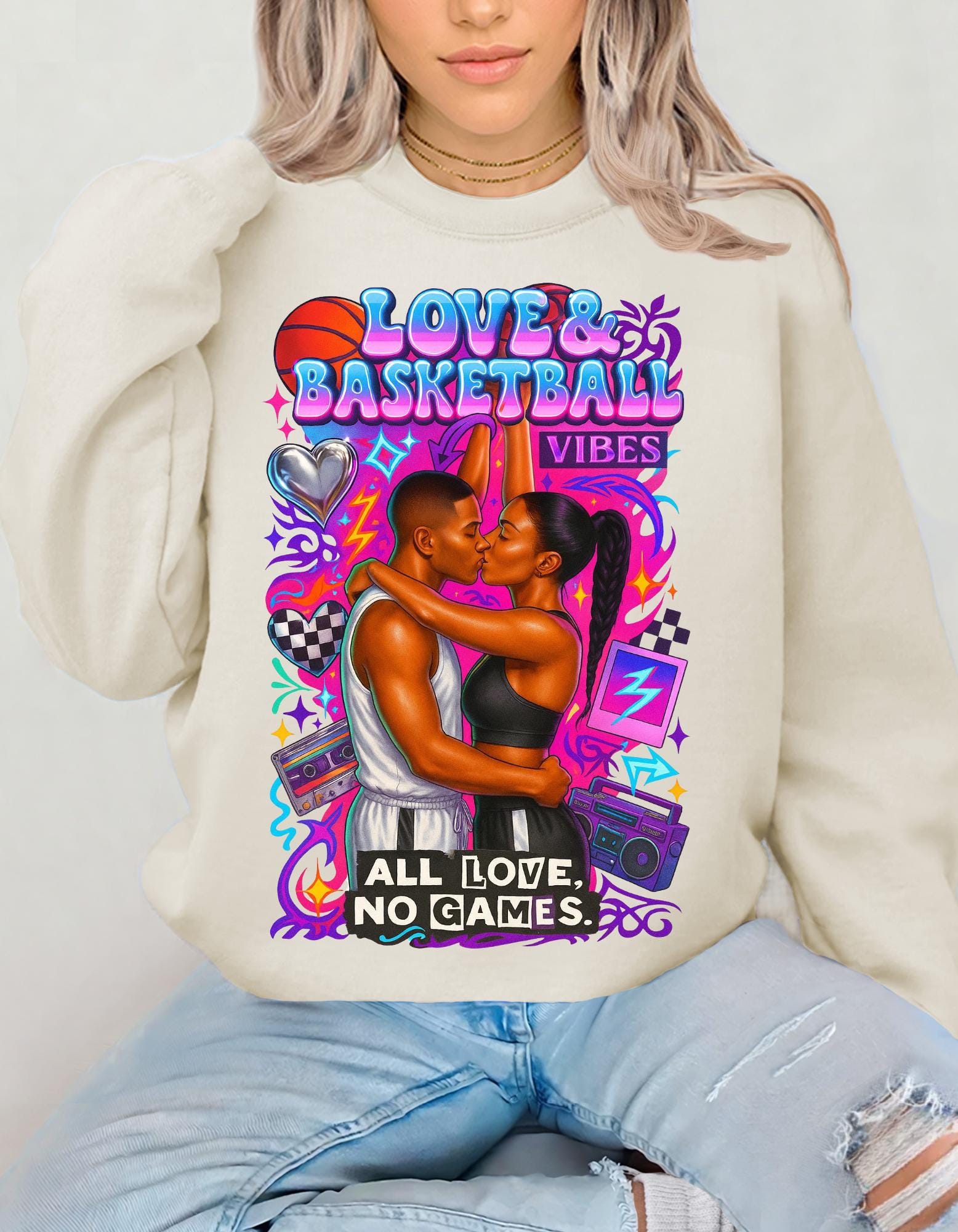 90s Black Love Basketball Romance Crewneck Sweatshirt Unisex Couples Matching Retro Streetwear Jumper