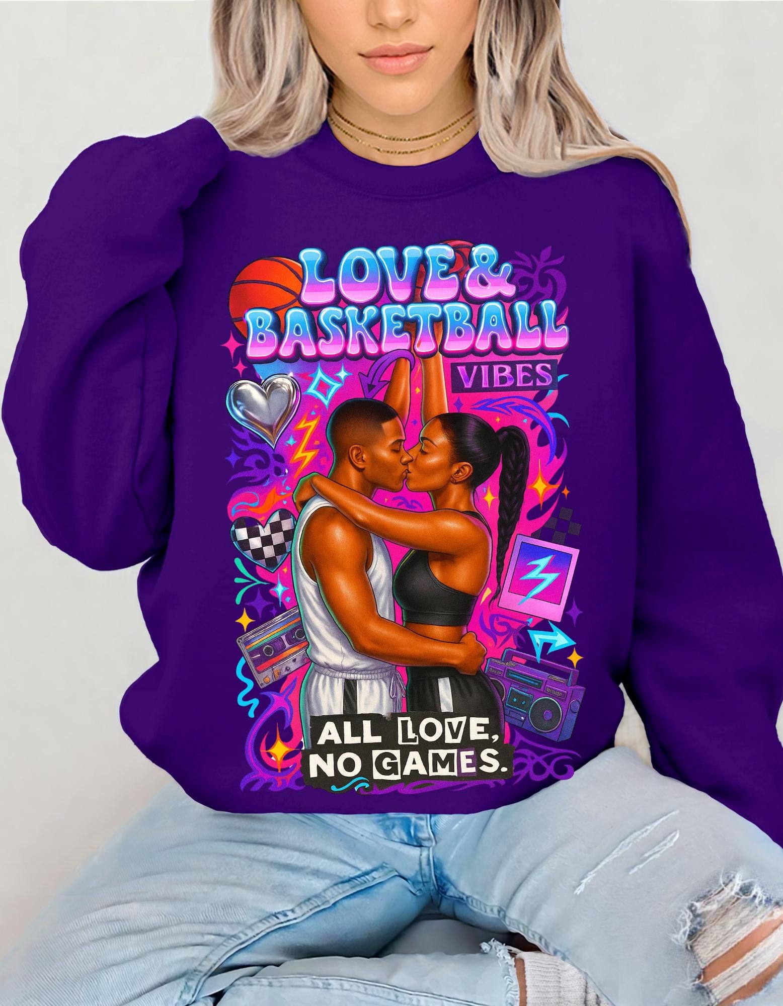 90s Black Love Basketball Romance Crewneck Sweatshirt Unisex Couples Matching Retro Streetwear Jumper