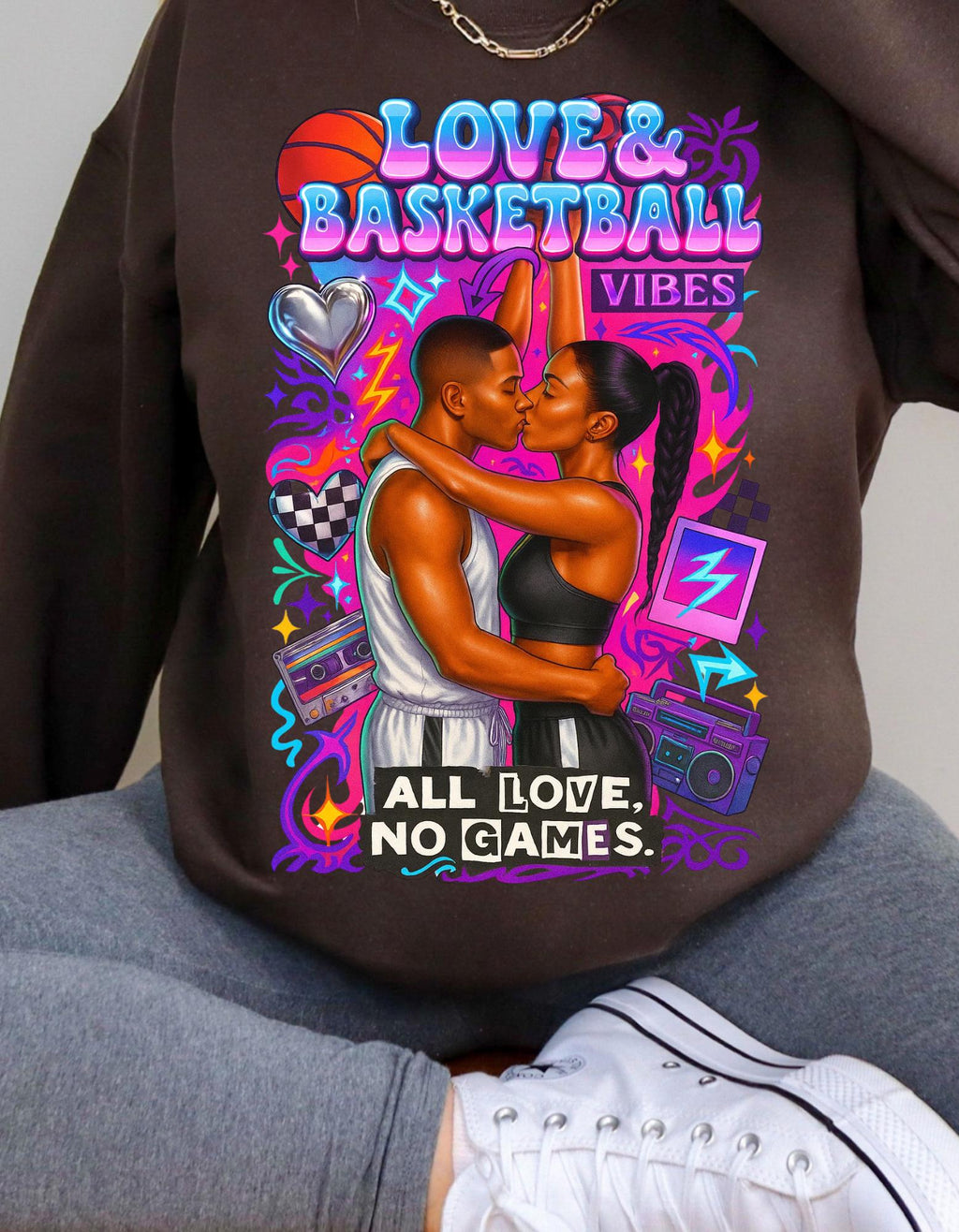 90s Black Love Basketball Romance Crewneck Sweatshirt Unisex Couples Matching Retro Streetwear Jumper