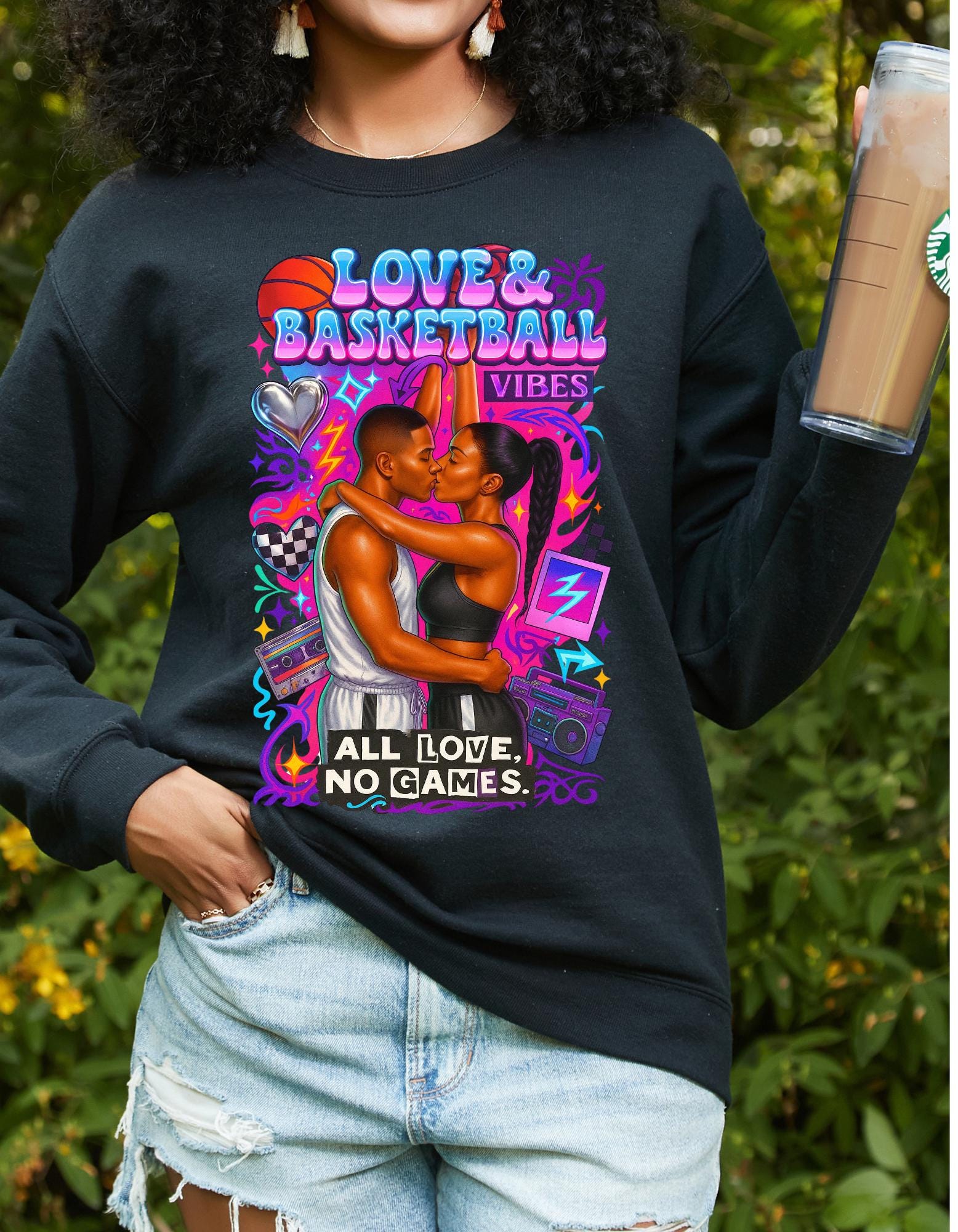 90s Black Love Basketball Romance Crewneck Sweatshirt Unisex Couples Matching Retro Streetwear Jumper