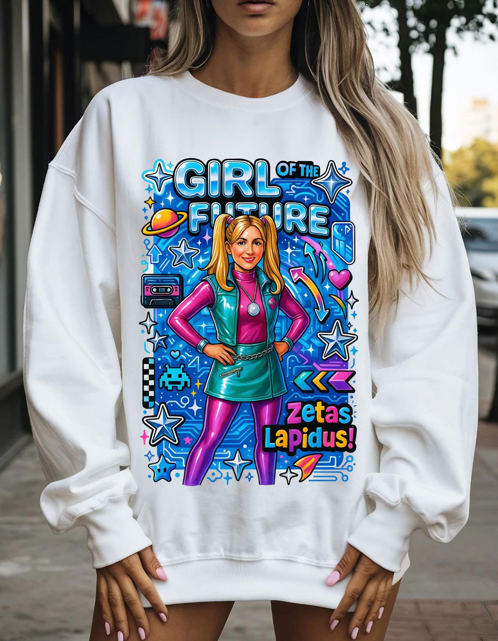 Girl of the Future Retro Space Crewneck Sweatshirt | Women Empowerment Graphic Apparel | Sorority Gift