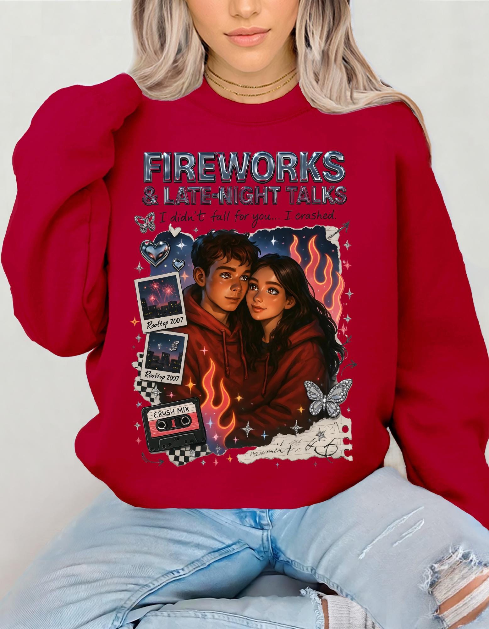 Fireworks Late Night Talks Crewneck Sweatshirt | Retro Polaroid Couple Illustration Vintage Romantic Gift
