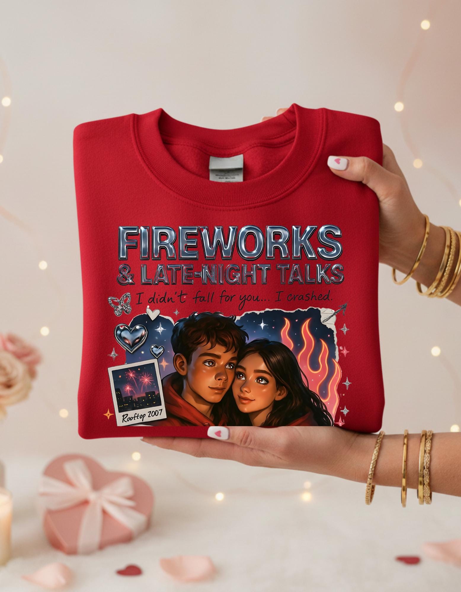 Fireworks Late Night Talks Crewneck Sweatshirt | Retro Polaroid Couple Illustration Vintage Romantic Gift