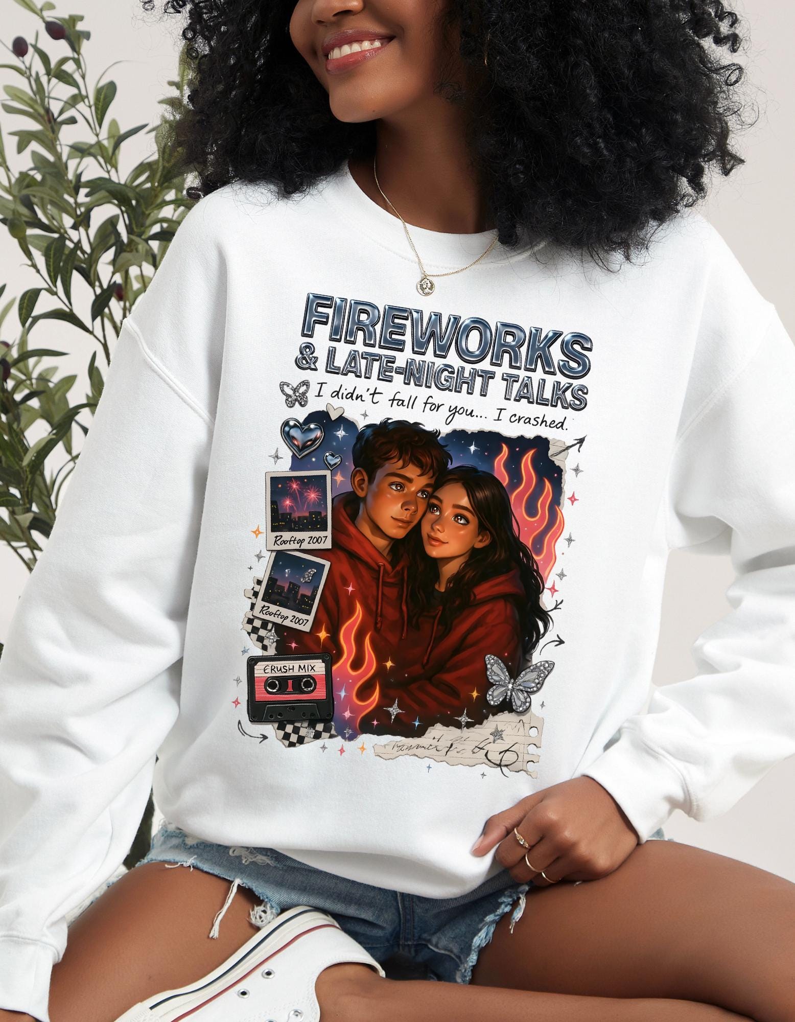Fireworks Late Night Talks Crewneck Sweatshirt | Retro Polaroid Couple Illustration Vintage Romantic Gift