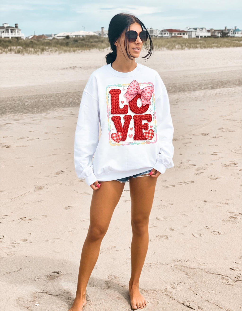 Love Patchwork Valentine's Day Faux Embroidery Sweatshirt - Romantic Cozy Gift for Her