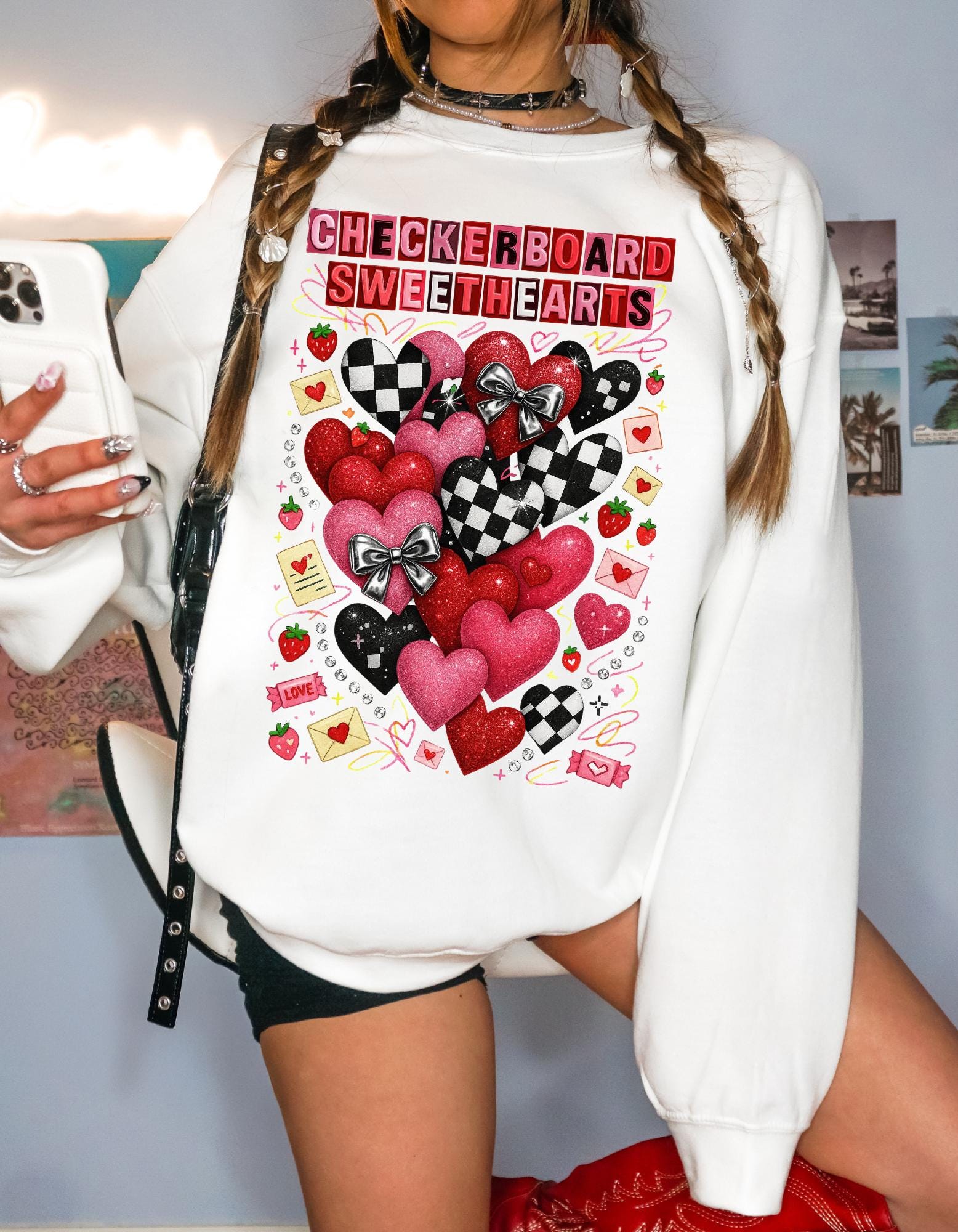 Checkerboard Sweethearts Ransom Letter Sweatshirt Valentine Grunge Crewneck Hearts Couples Matching Edgy Streetwear Gift