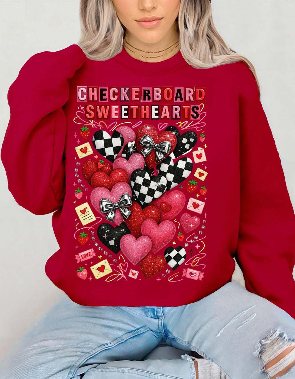 Checkerboard Sweethearts Ransom Letter Sweatshirt Valentine Grunge Crewneck Hearts Couples Matching Edgy Streetwear Gift