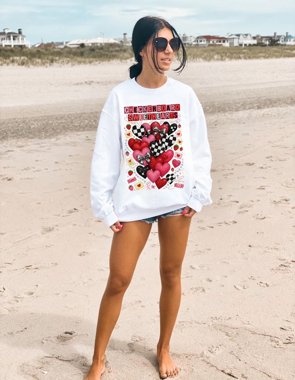 Checkerboard Sweethearts Ransom Letter Sweatshirt Valentine Grunge Crewneck Hearts Couples Matching Edgy Streetwear Gift