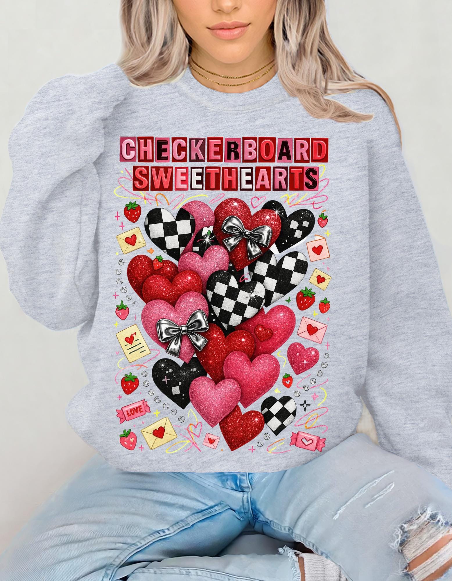 Checkerboard Sweethearts Ransom Letter Sweatshirt Valentine Grunge Crewneck Hearts Couples Matching Edgy Streetwear Gift