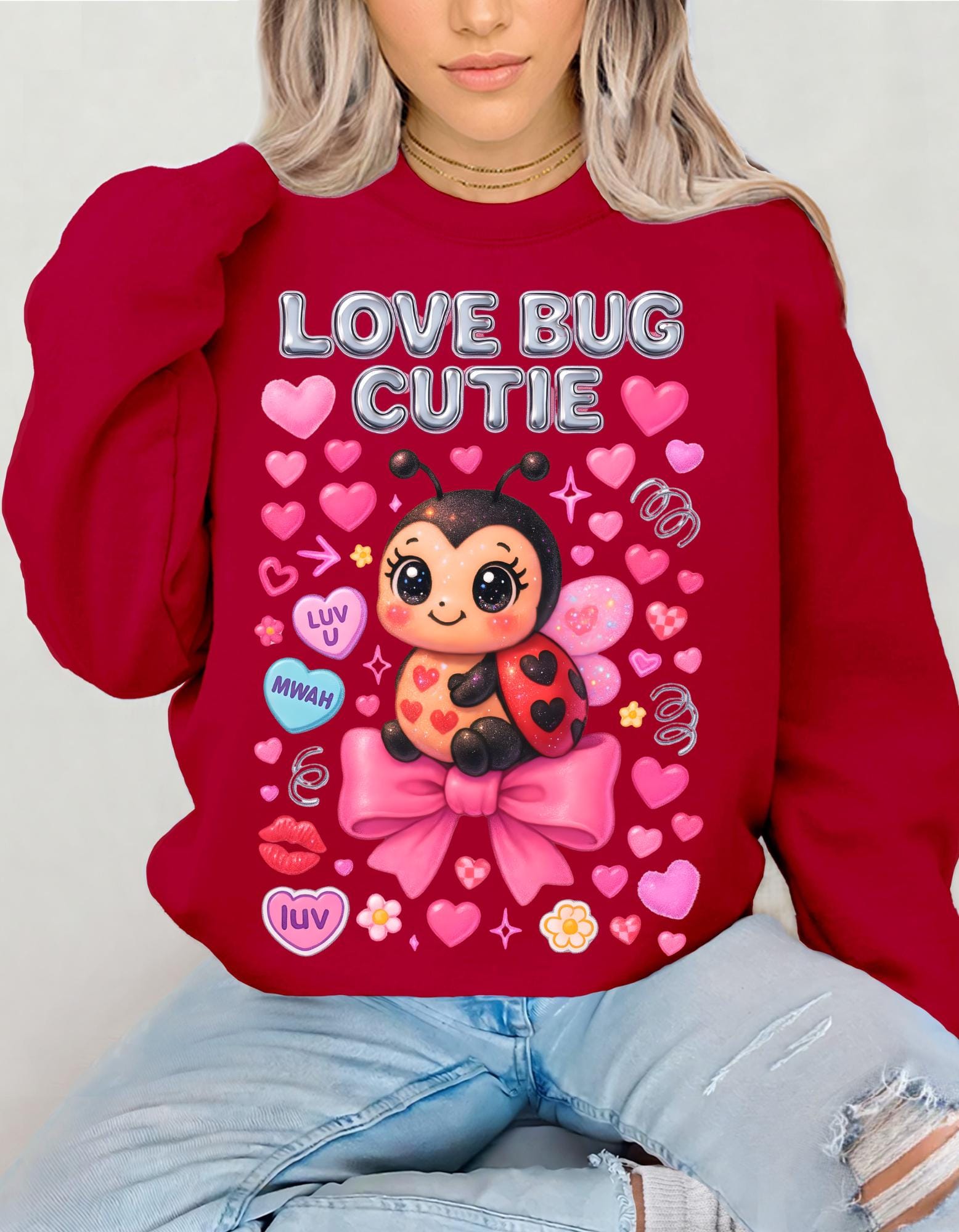 Love Bug Cutie Ladybug Valentine Hearts Bow Sweatshirt - Cozy Crewneck Sweater Kids Unisex Gift