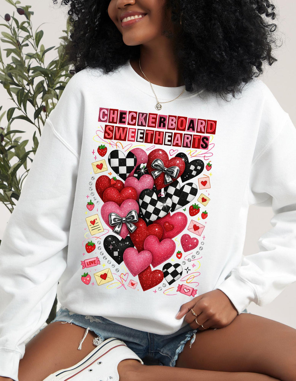 Checkerboard Sweethearts Ransom Letter Sweatshirt Valentine Grunge Crewneck Hearts Couples Matching Edgy Streetwear Gift