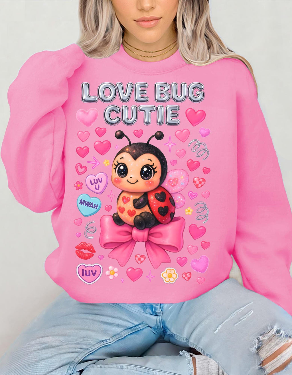 Love Bug Cutie Ladybug Valentine Hearts Bow Sweatshirt - Cozy Crewneck Sweater Kids Unisex Gift