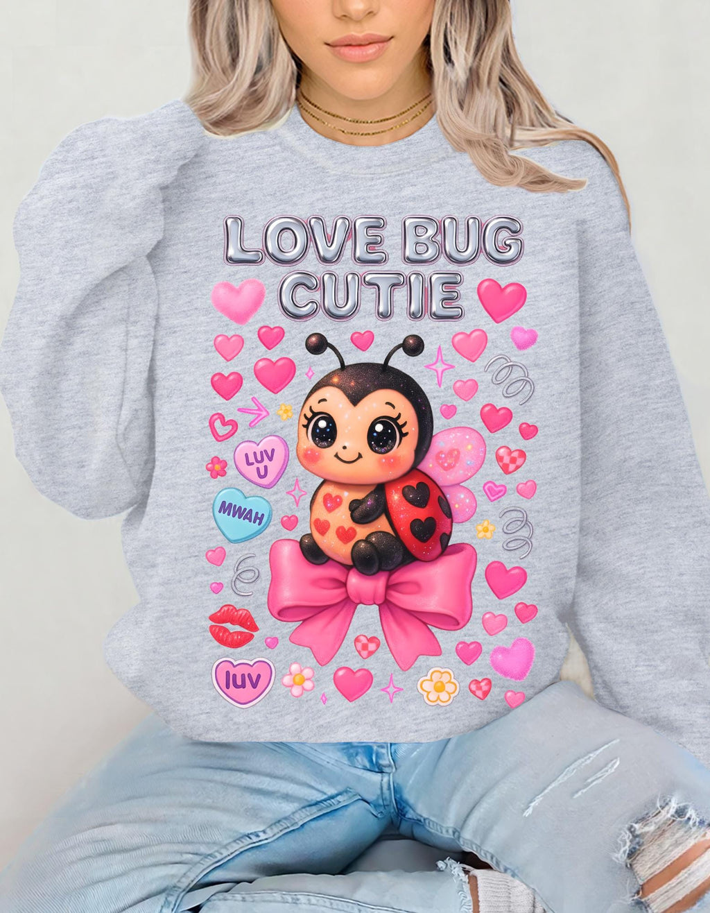 Love Bug Cutie Ladybug Valentine Hearts Bow Sweatshirt - Cozy Crewneck Sweater Kids Unisex Gift
