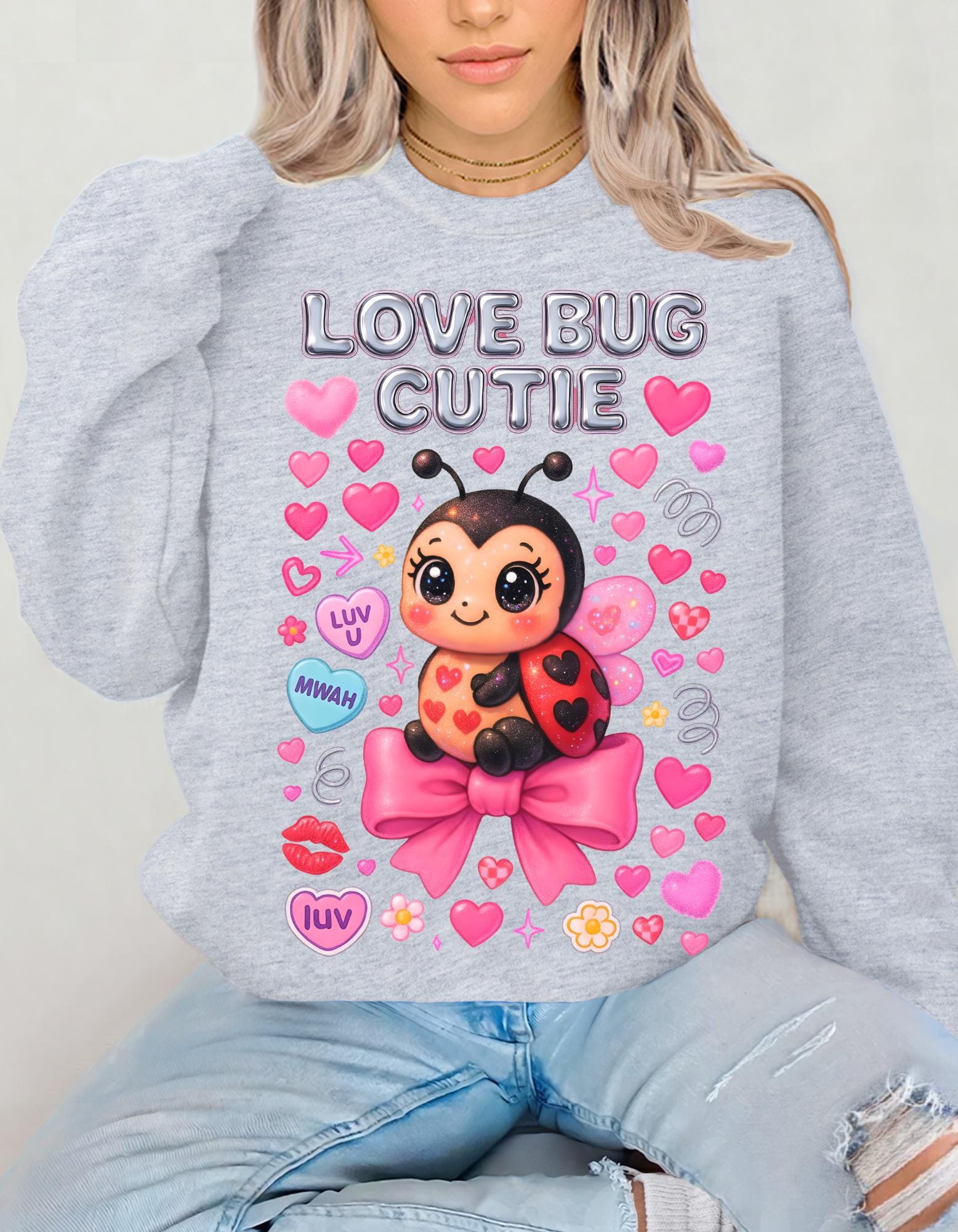 Love Bug Cutie Ladybug Valentine Hearts Bow Sweatshirt - Cozy Crewneck Sweater Kids Unisex Gift