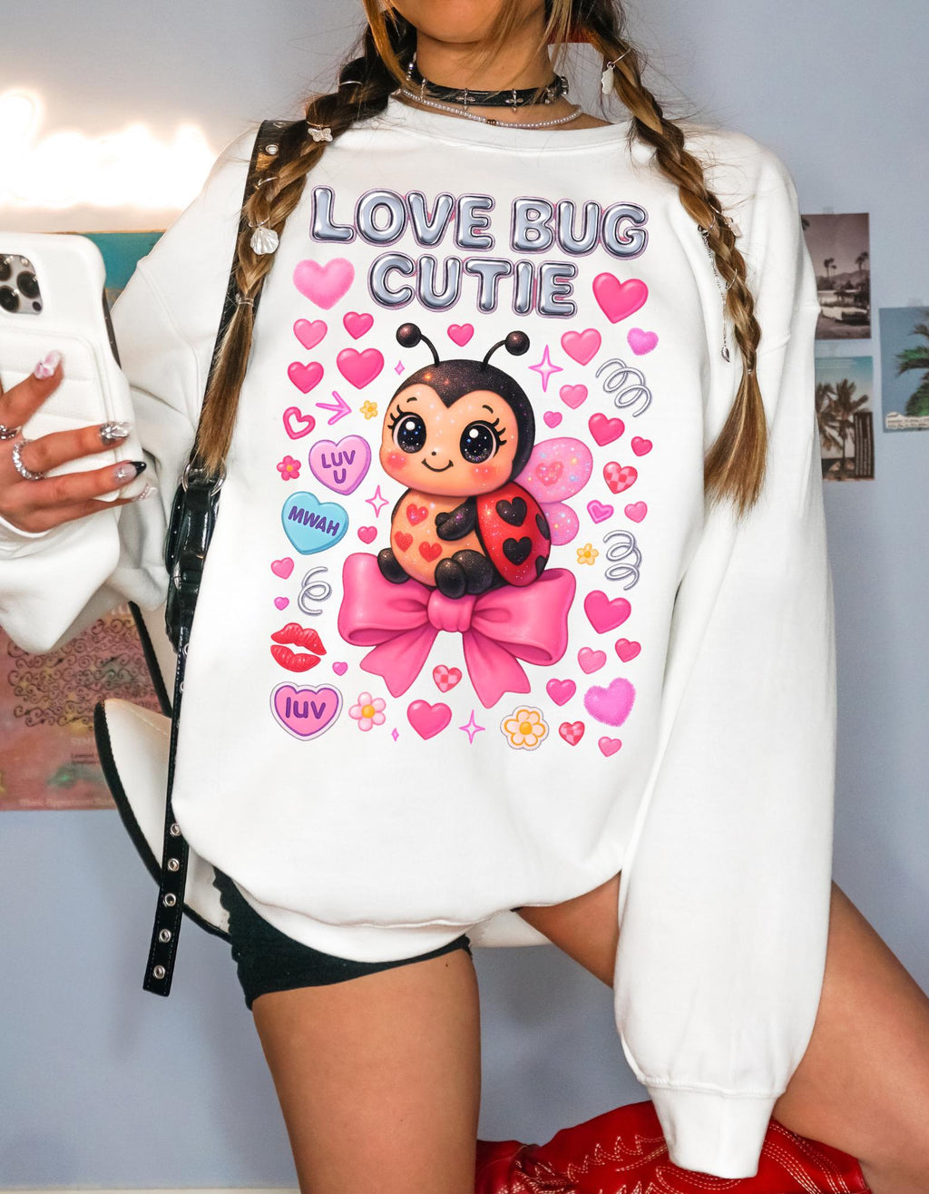 Love Bug Cutie Ladybug Valentine Hearts Bow Sweatshirt - Cozy Crewneck Sweater Kids Unisex Gift