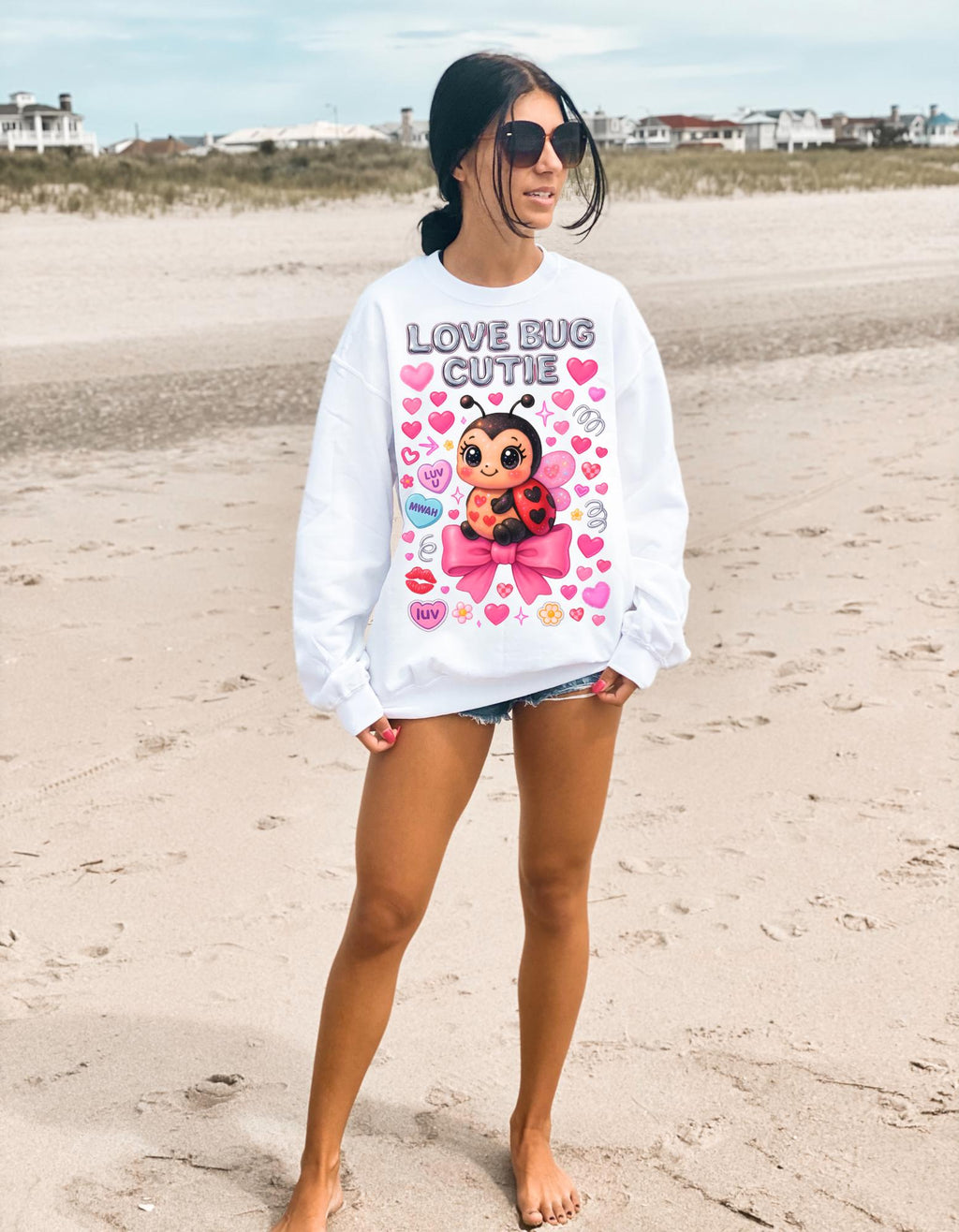 Love Bug Cutie Ladybug Valentine Hearts Bow Sweatshirt - Cozy Crewneck Sweater Kids Unisex Gift