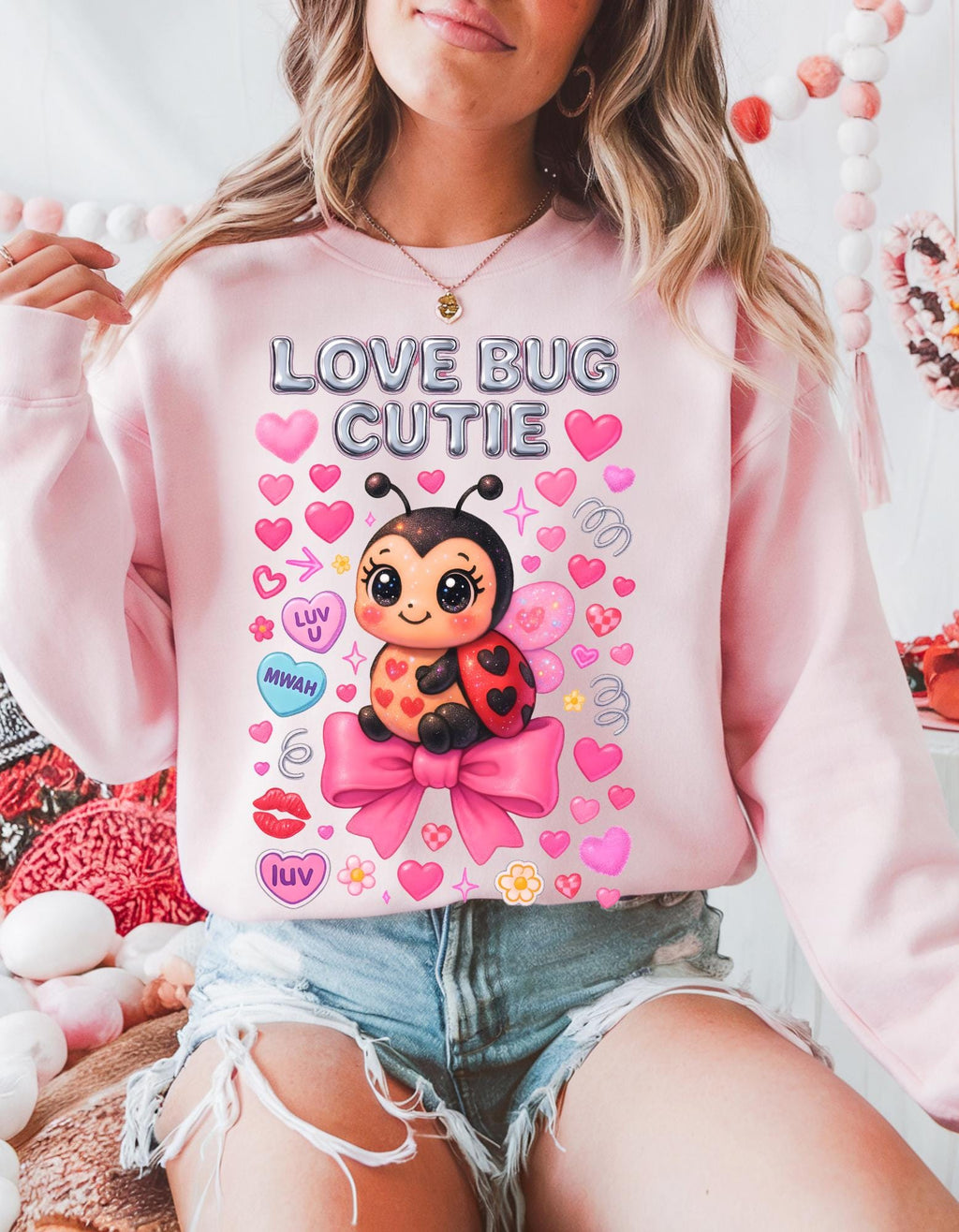 Love Bug Cutie Ladybug Valentine Hearts Bow Sweatshirt - Cozy Crewneck Sweater Kids Unisex Gift