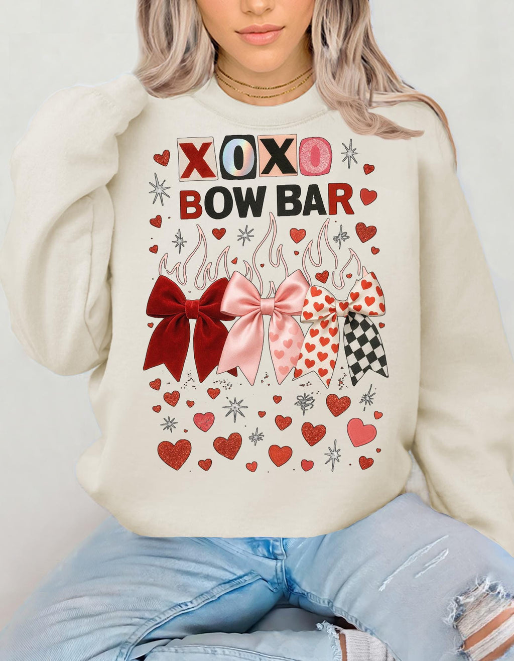 XOXO Bow Bar Valentine Hearts Sweatshirt | Pink Red Ribbon Design Crewneck Pullover Gift