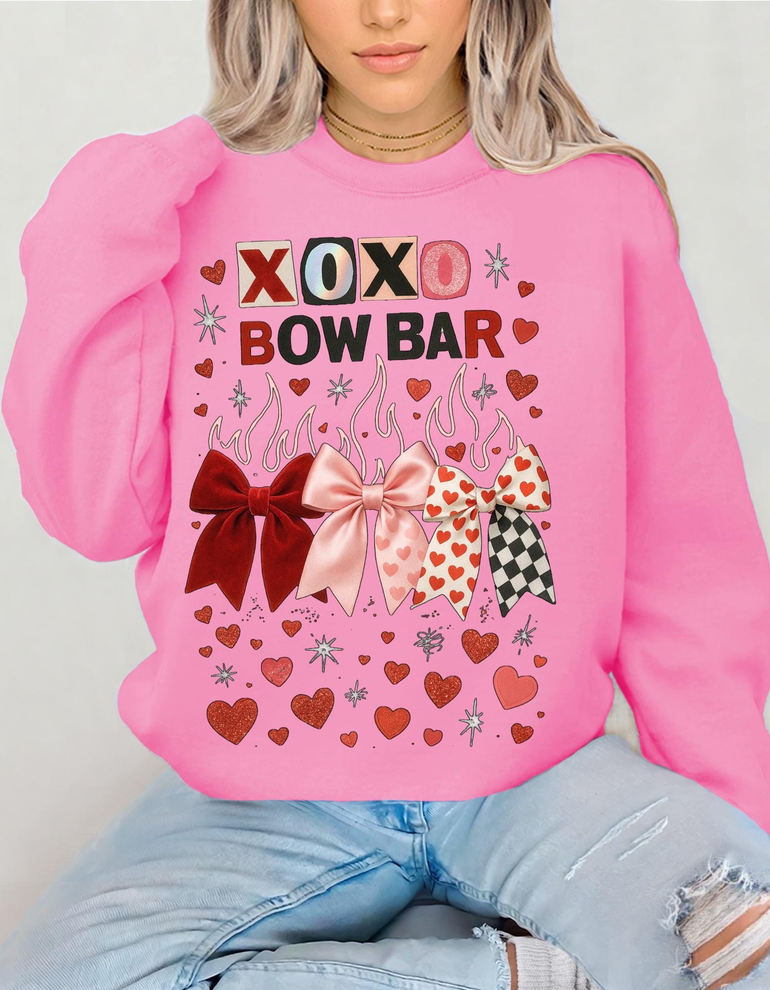 XOXO Bow Bar Valentine Hearts Sweatshirt | Pink Red Ribbon Design Crewneck Pullover Gift