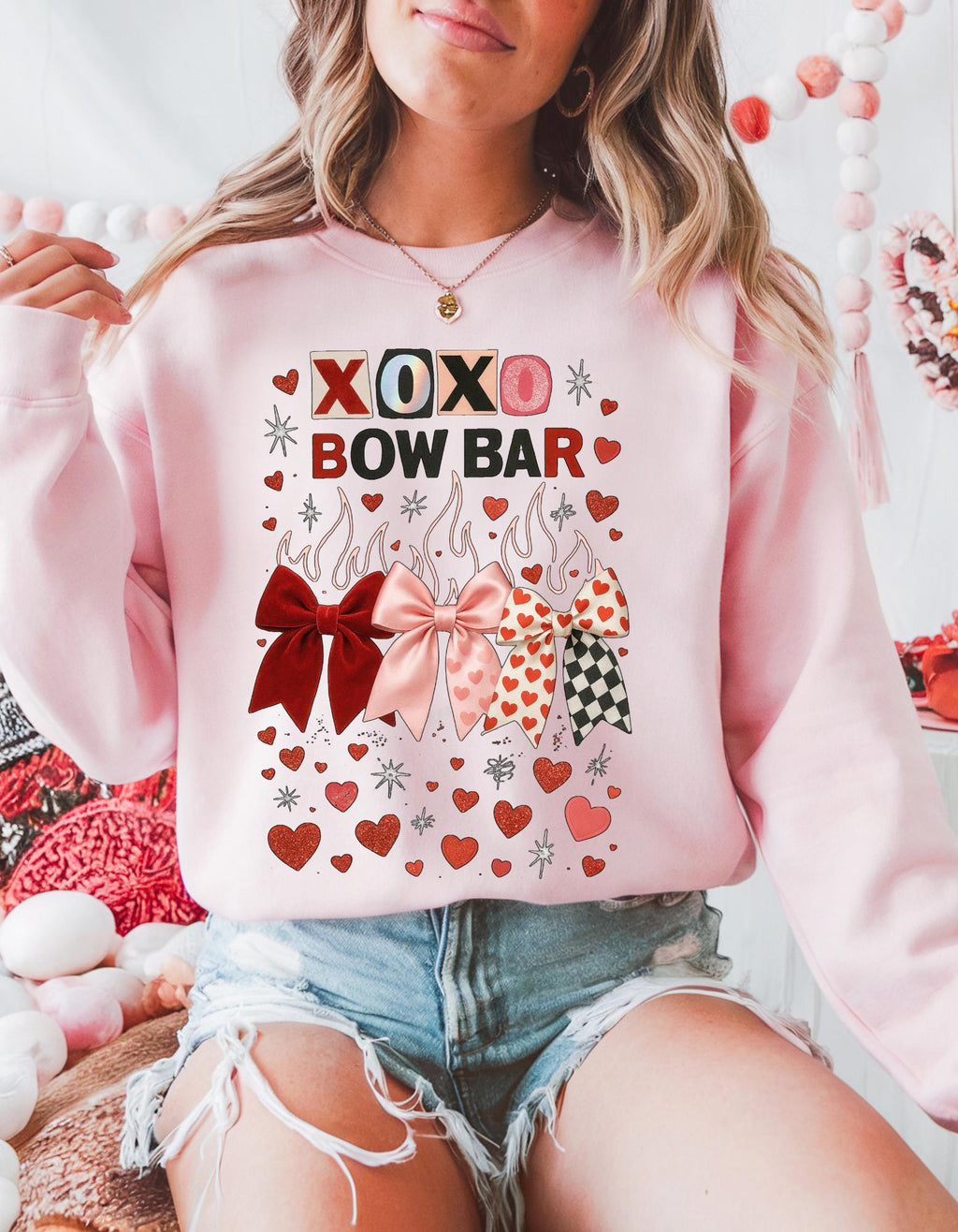 XOXO Bow Bar Valentine Hearts Sweatshirt | Pink Red Ribbon Design Crewneck Pullover Gift