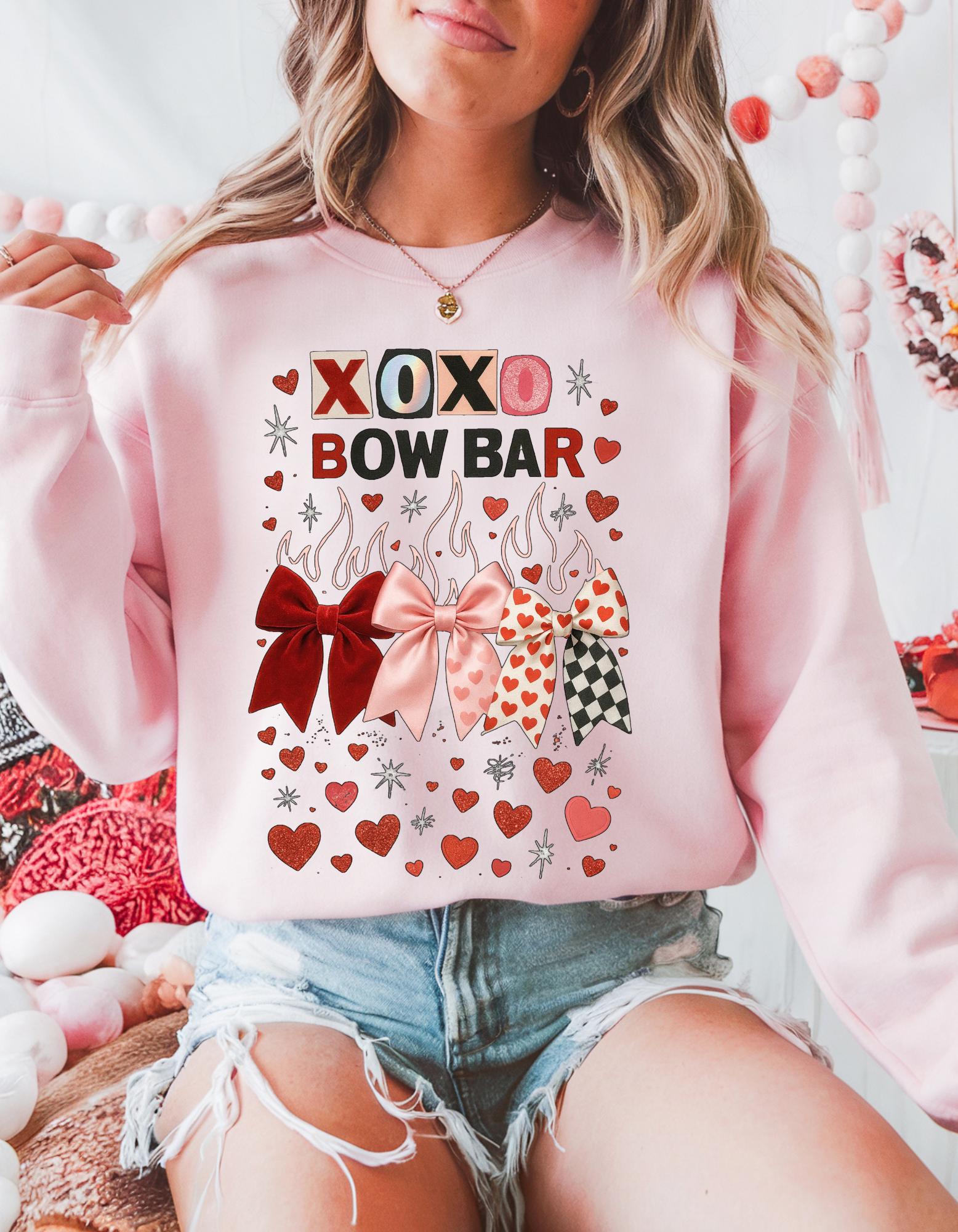 XOXO Bow Bar Valentine Hearts Sweatshirt | Pink Red Ribbon Design Crewneck Pullover Gift