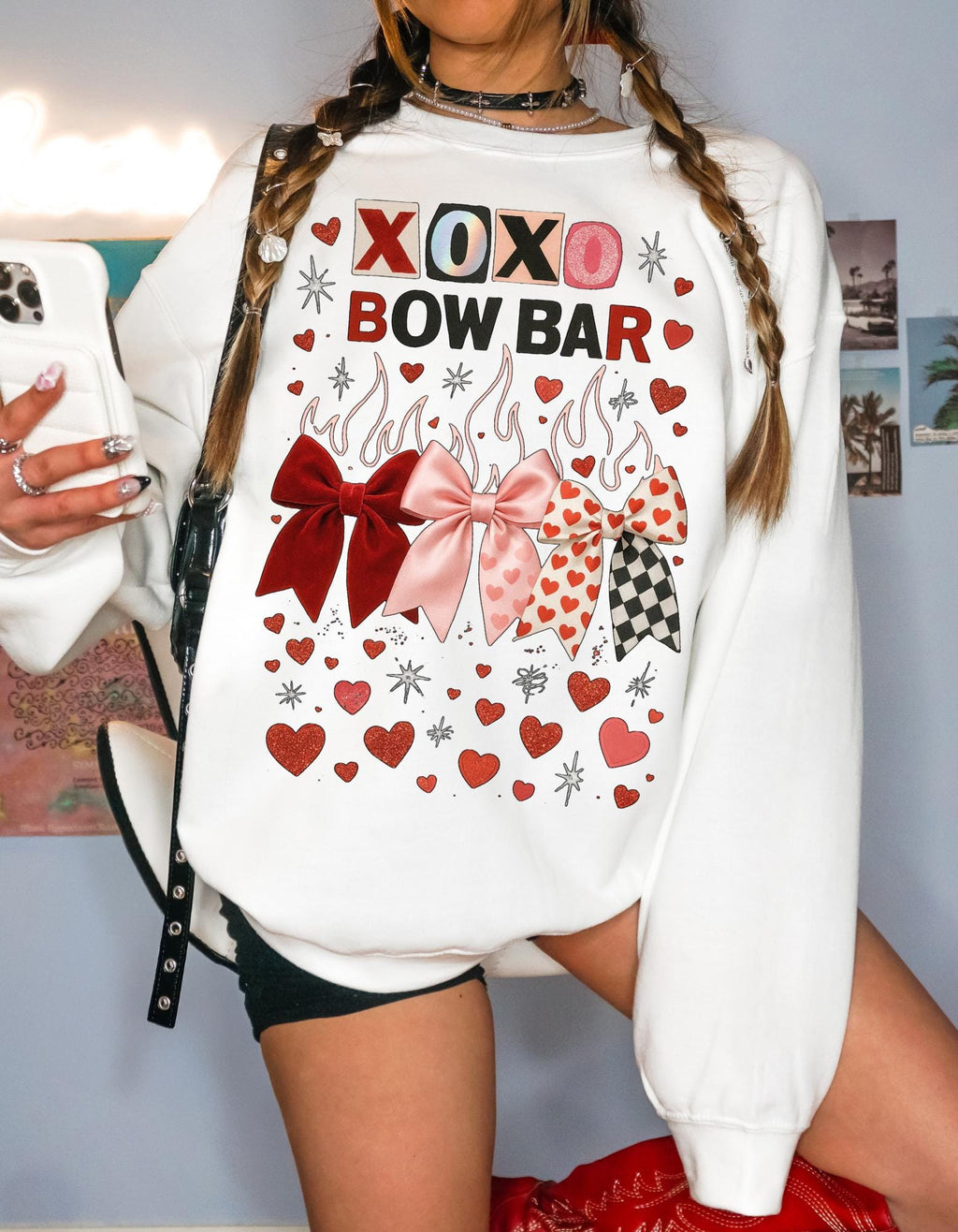 XOXO Bow Bar Valentine Hearts Sweatshirt | Pink Red Ribbon Design Crewneck Pullover Gift