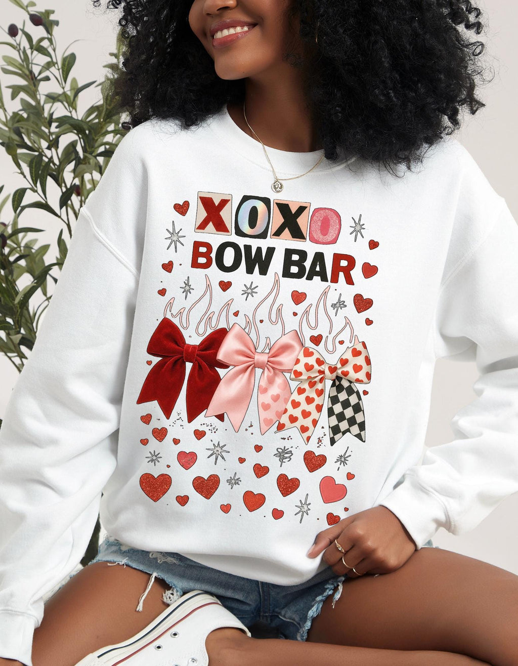 XOXO Bow Bar Valentine Hearts Sweatshirt | Pink Red Ribbon Design Crewneck Pullover Gift