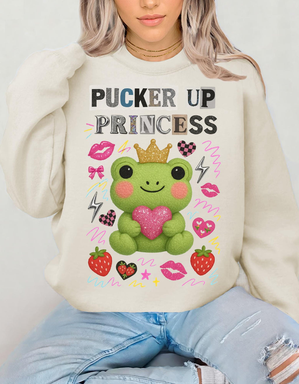 Pucker Up Princess Frog Sweatshirt | Cartoon Valentine Gift