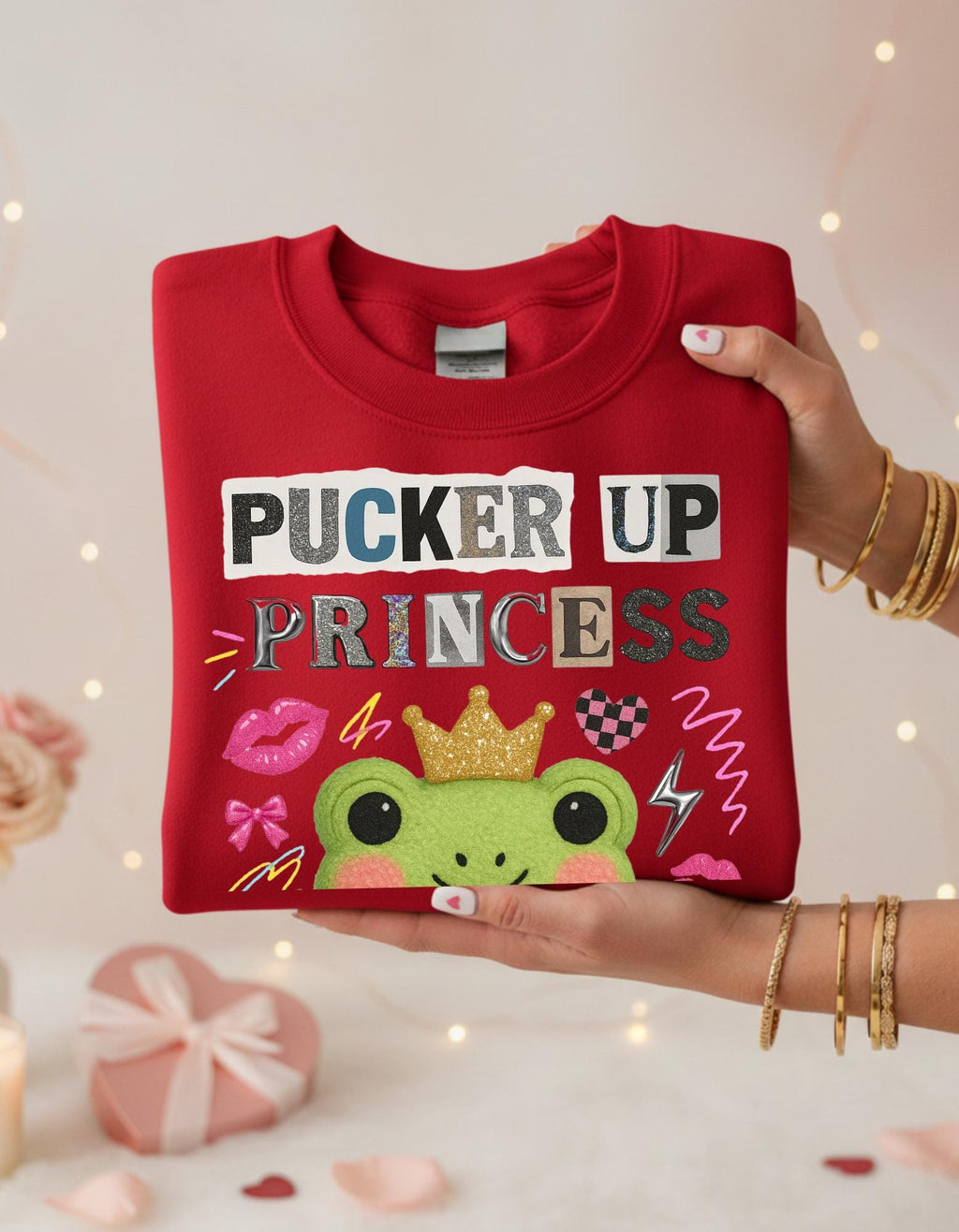 Pucker Up Princess Frog Sweatshirt | Cartoon Valentine Gift