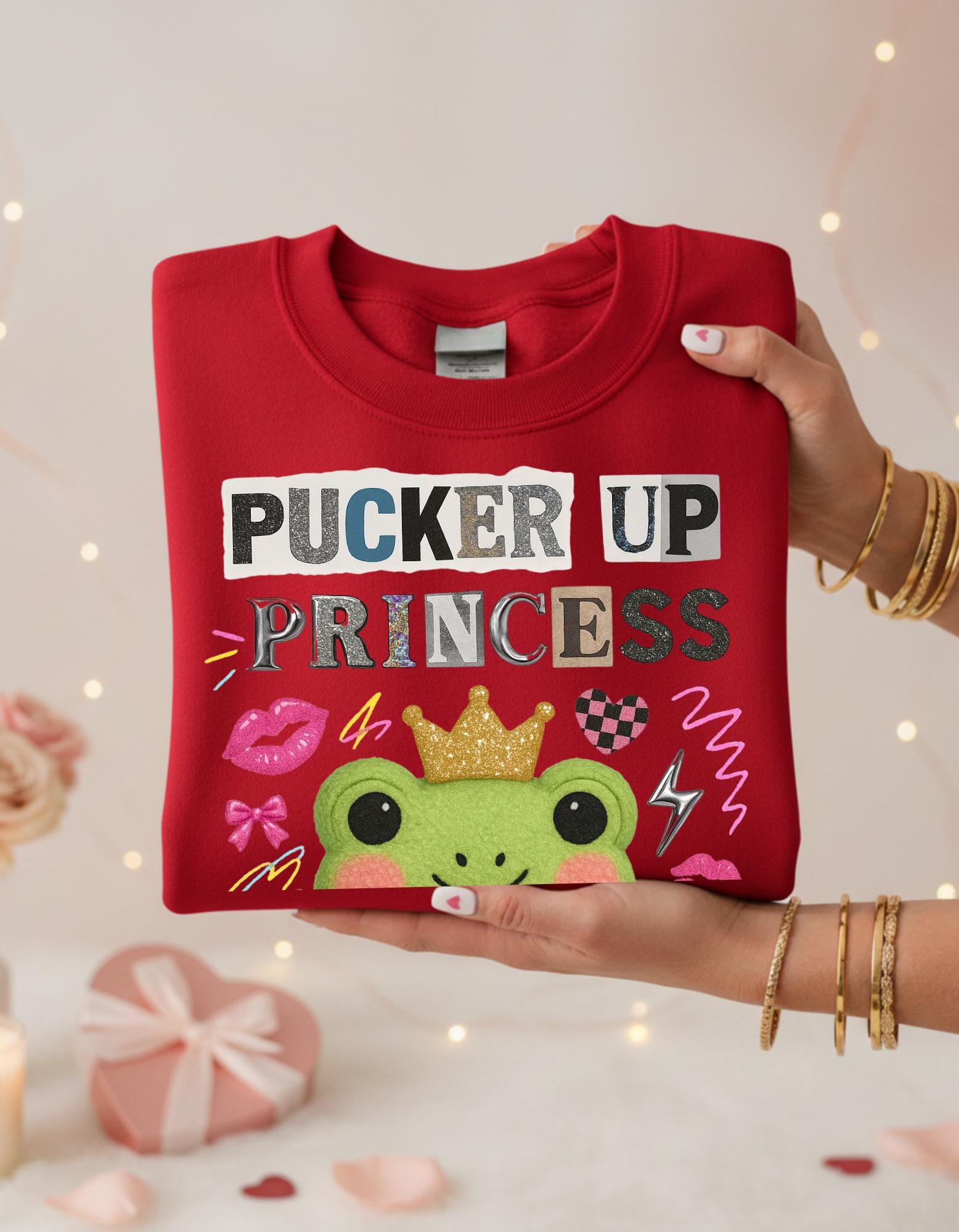 Pucker Up Princess Frog Sweatshirt | Cartoon Valentine Gift