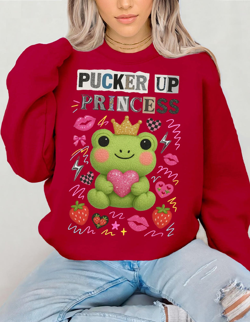 Pucker Up Princess Frog Sweatshirt | Cartoon Valentine Gift