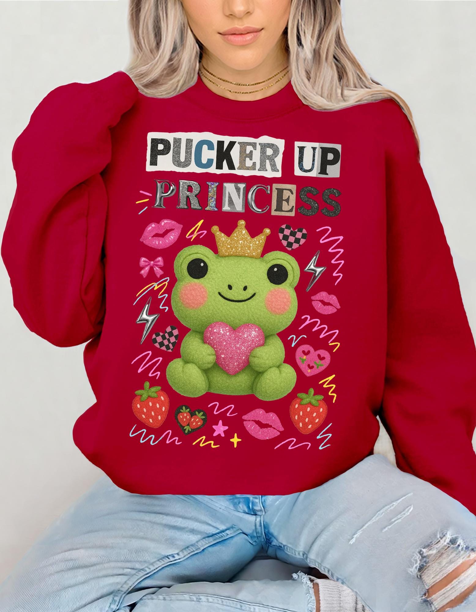 Pucker Up Princess Frog Sweatshirt | Cartoon Valentine Gift