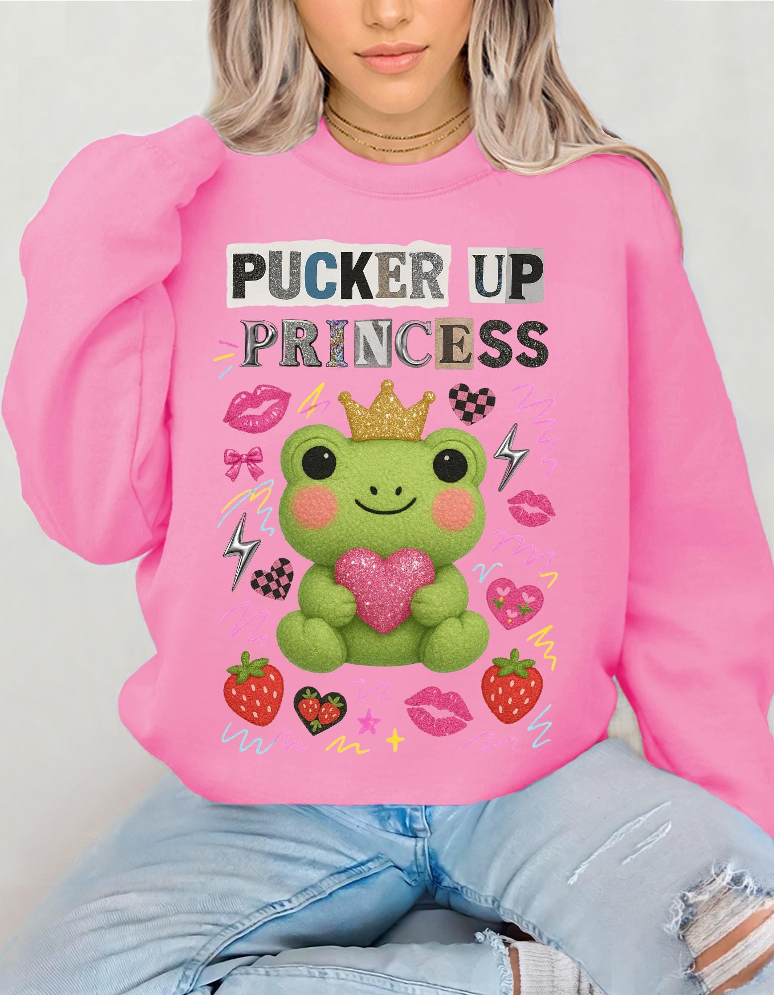 Pucker Up Princess Frog Sweatshirt | Cartoon Valentine Gift