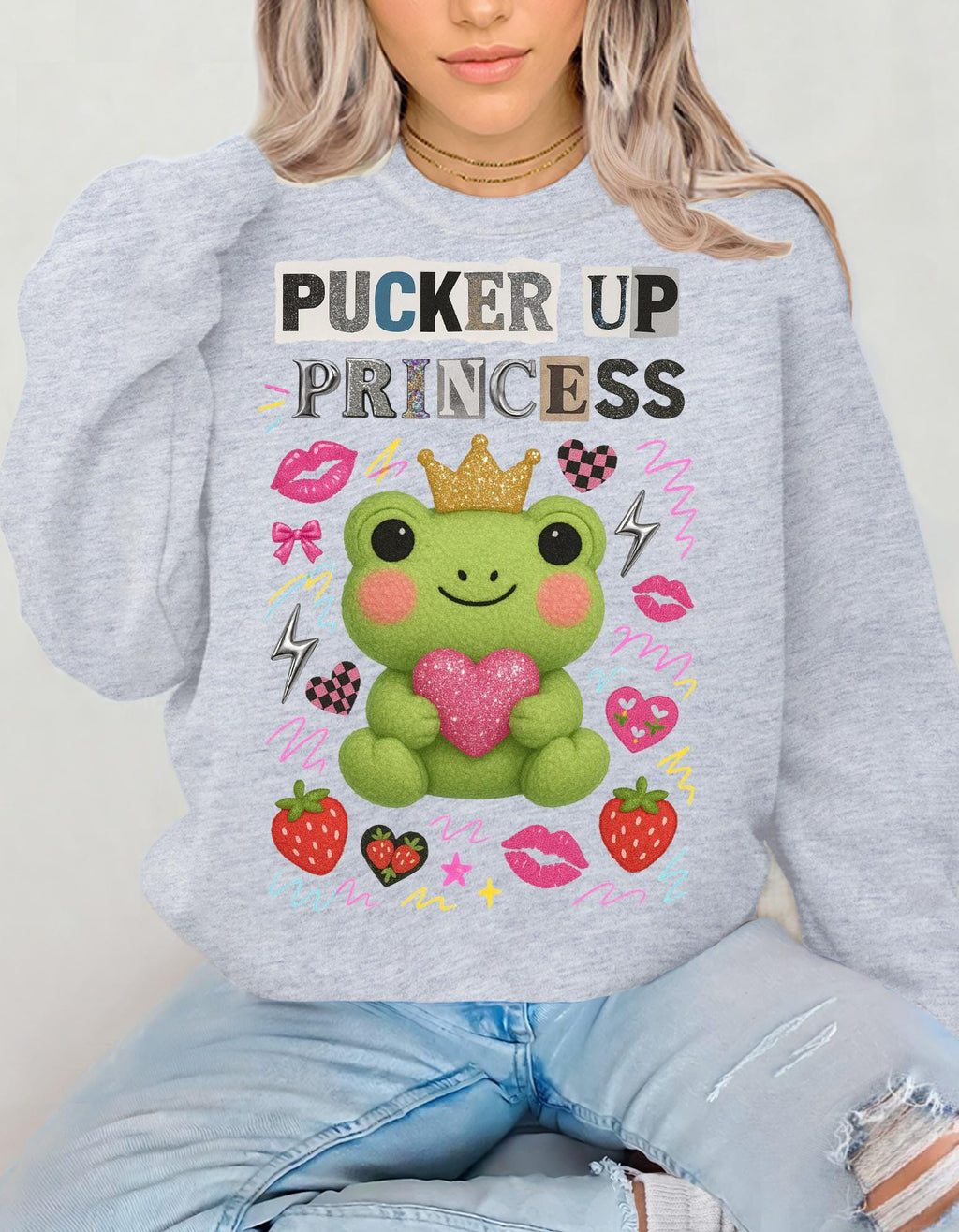 Pucker Up Princess Frog Sweatshirt | Cartoon Valentine Gift