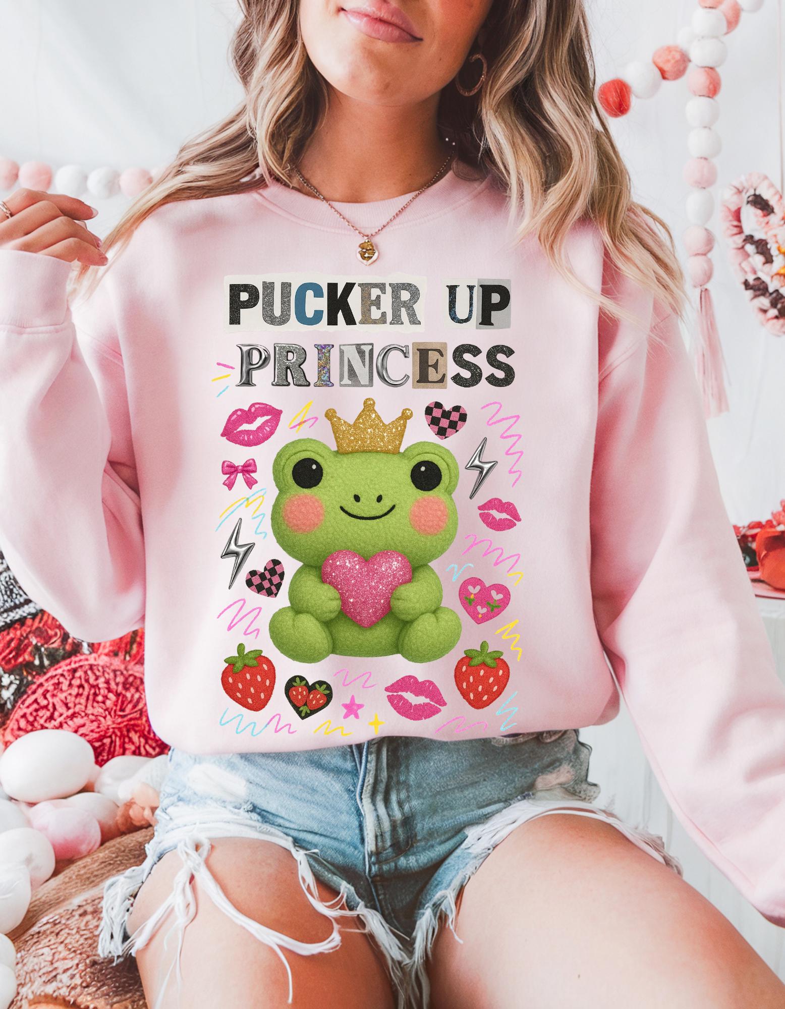 Pucker Up Princess Frog Sweatshirt | Cartoon Valentine Gift